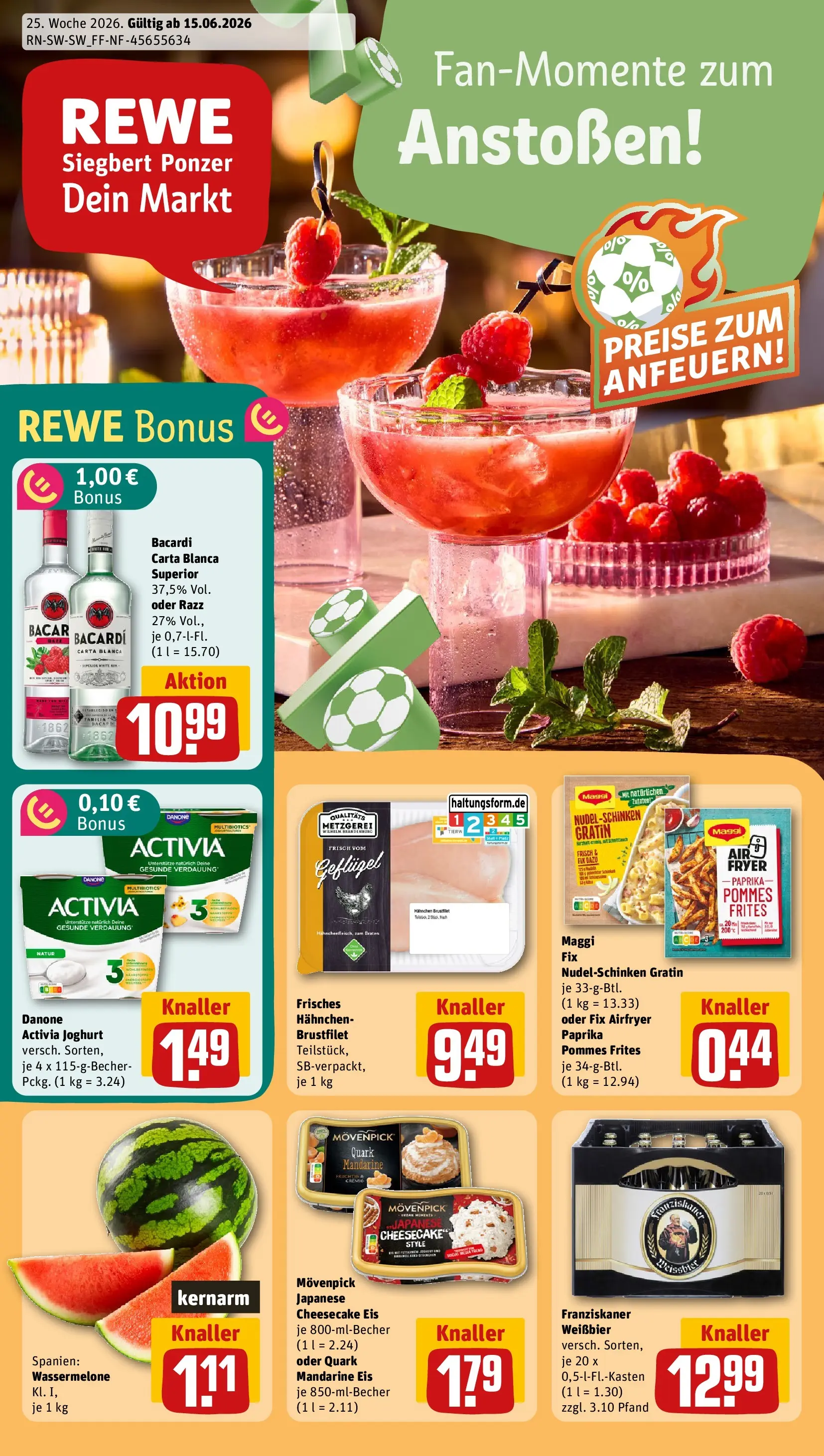REWE Prospekt ab 14.06.2026 zum Blättern » Angebote | Seite: 1 | Produkte: Activia, Hahnchen, Rum, Paprika