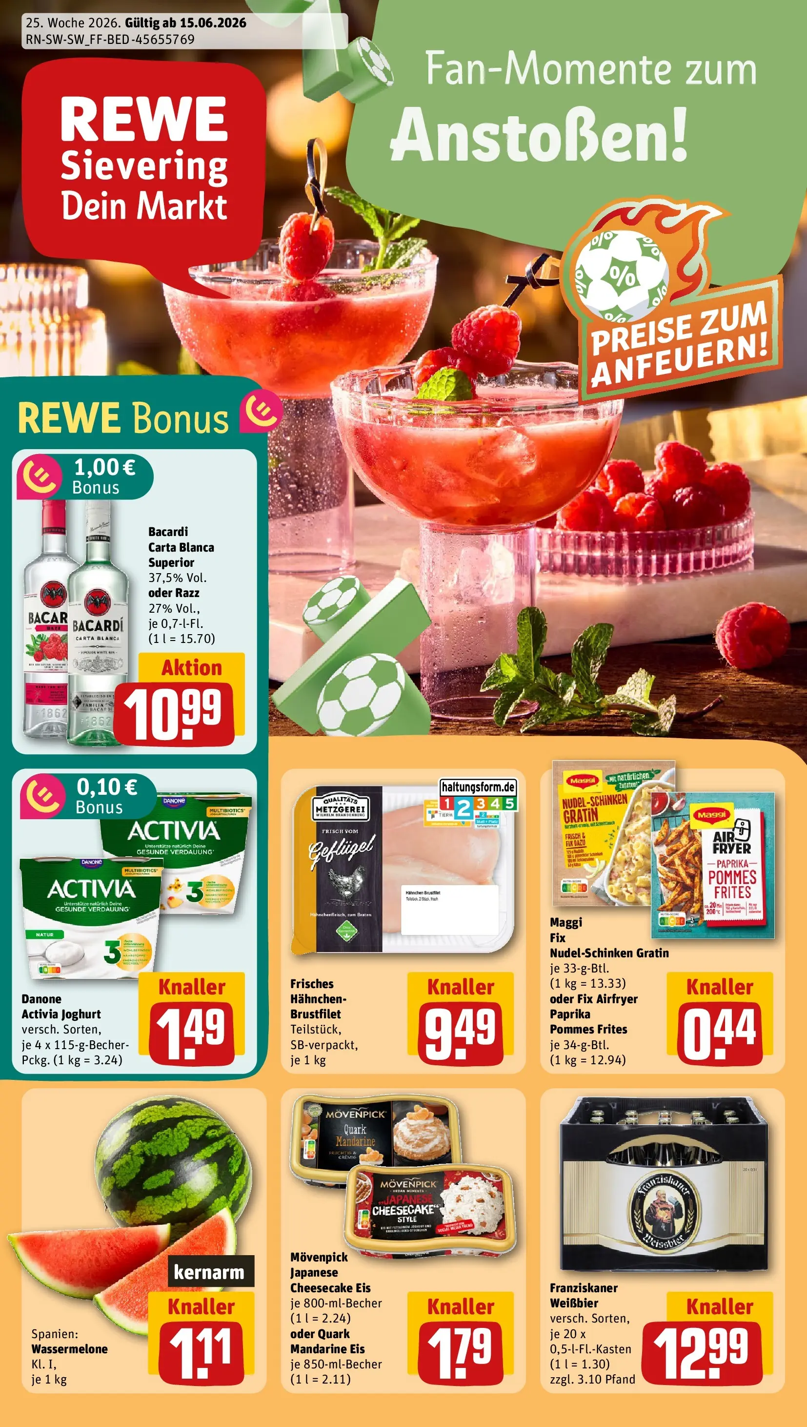 REWE Prospekt ab 14.06.2026 zum Blättern » Angebote | Seite: 1 | Produkte: Danone activia, Weißbier, Pommes, Eis