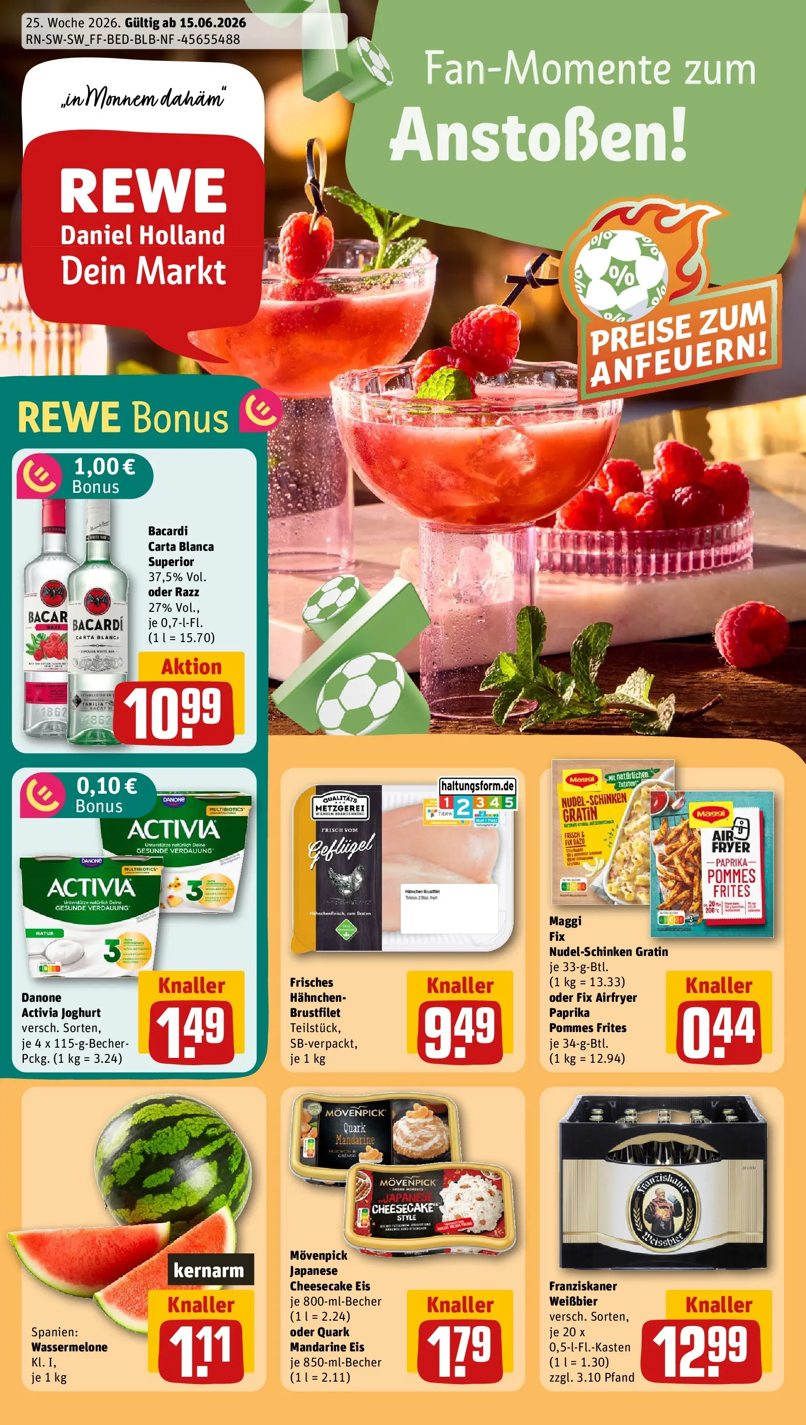 REWE Prospekt ab 14.06.2026 zum Blättern » Angebote | Seite: 1 | Produkte: Bacardi, Franziskaner, Quark, Paprika