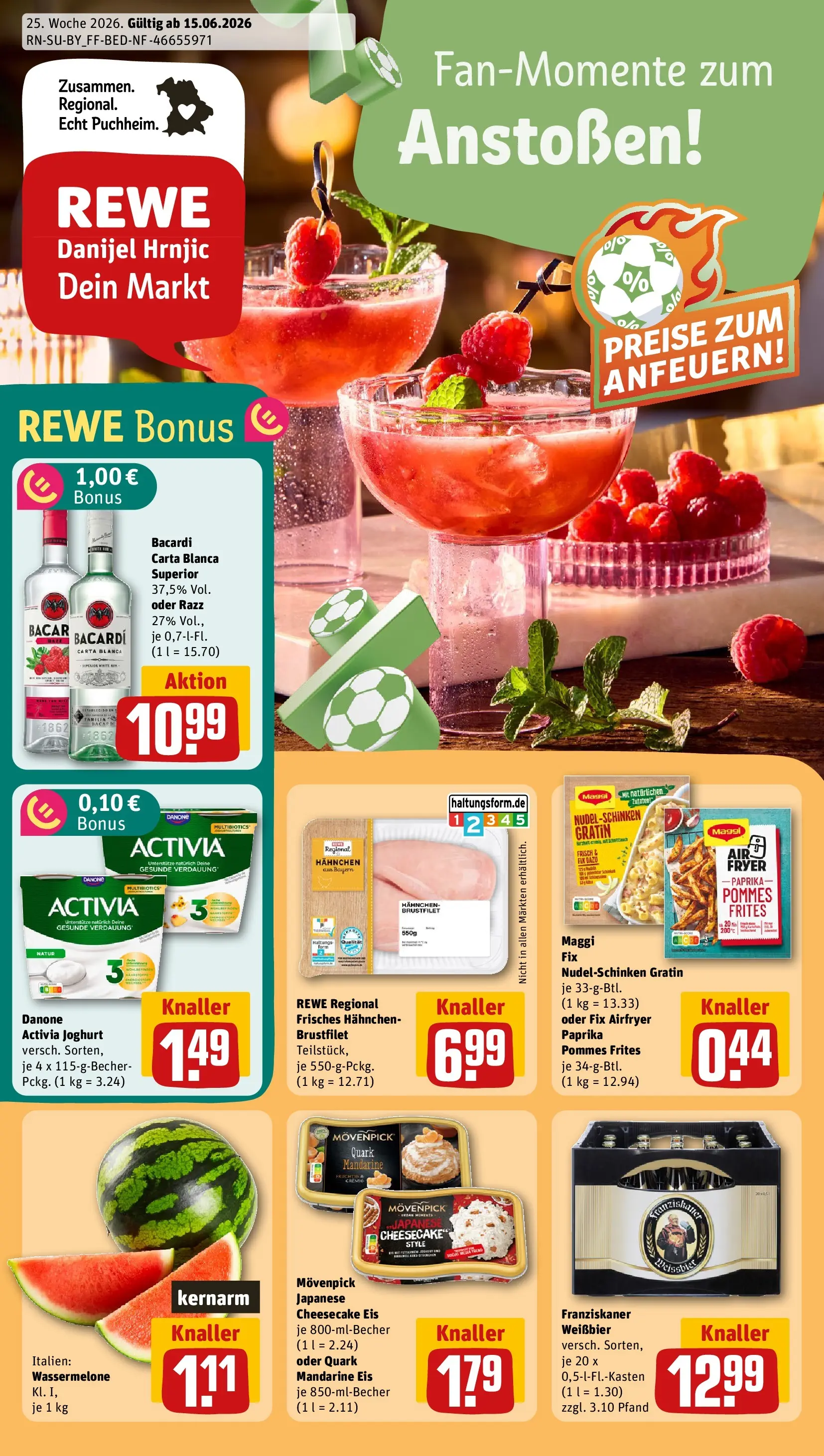 REWE Prospekt ab 14.06.2026 zum Blättern » Angebote | Seite: 1 | Produkte: Activia, Quark, Joghurt, Pommes frites