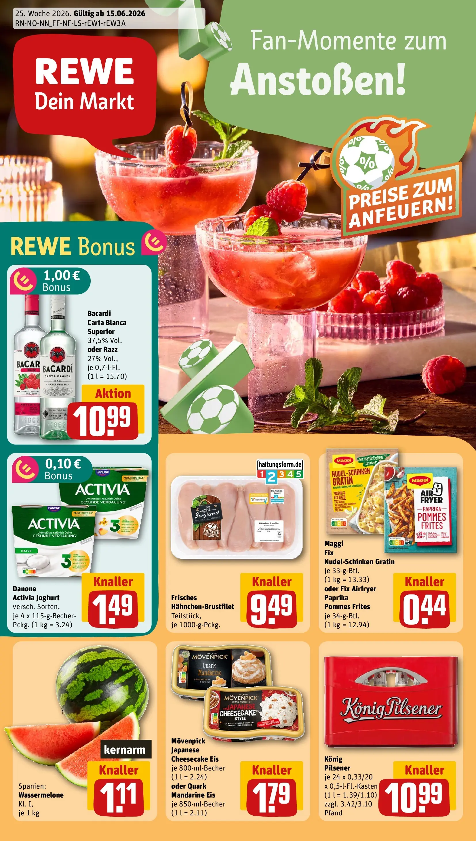 REWE Prospekt ab 14.06.2026 zum Blättern » Angebote | Seite: 1 | Produkte: Bacardi, Quark, Paprika, Wassermelone
