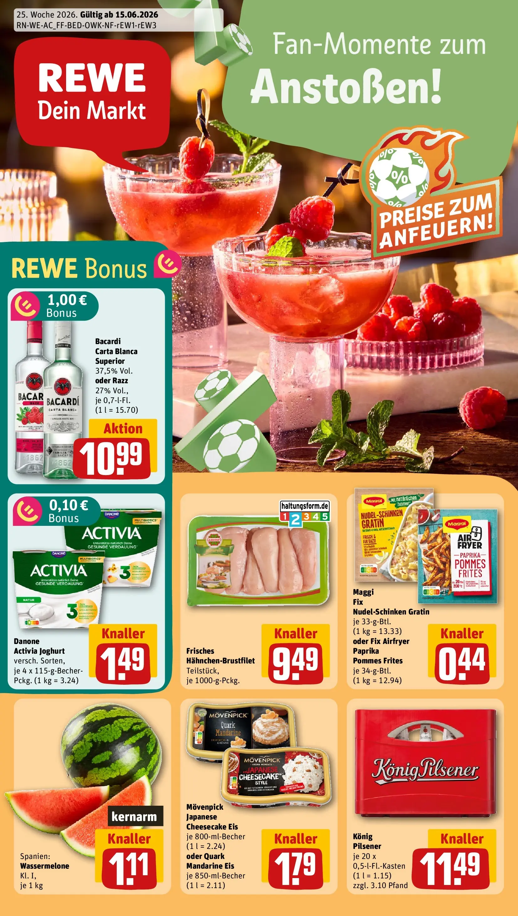 REWE Prospekt ab 14.06.2026 zum Blättern » Angebote | Seite: 1 | Produkte: Bacardi, Maggi fix, Wassermelone, Pasta