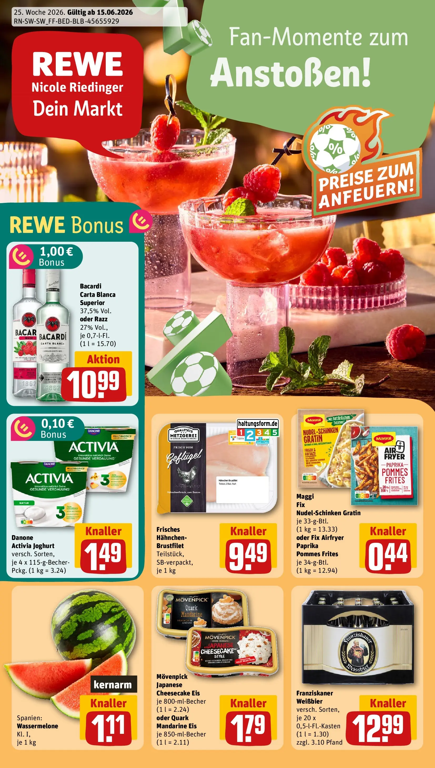 REWE Prospekt ab 14.06.2026 zum Blättern » Angebote | Seite: 1 | Produkte: Bacardi, Joghurt, Maggi fix, Eis