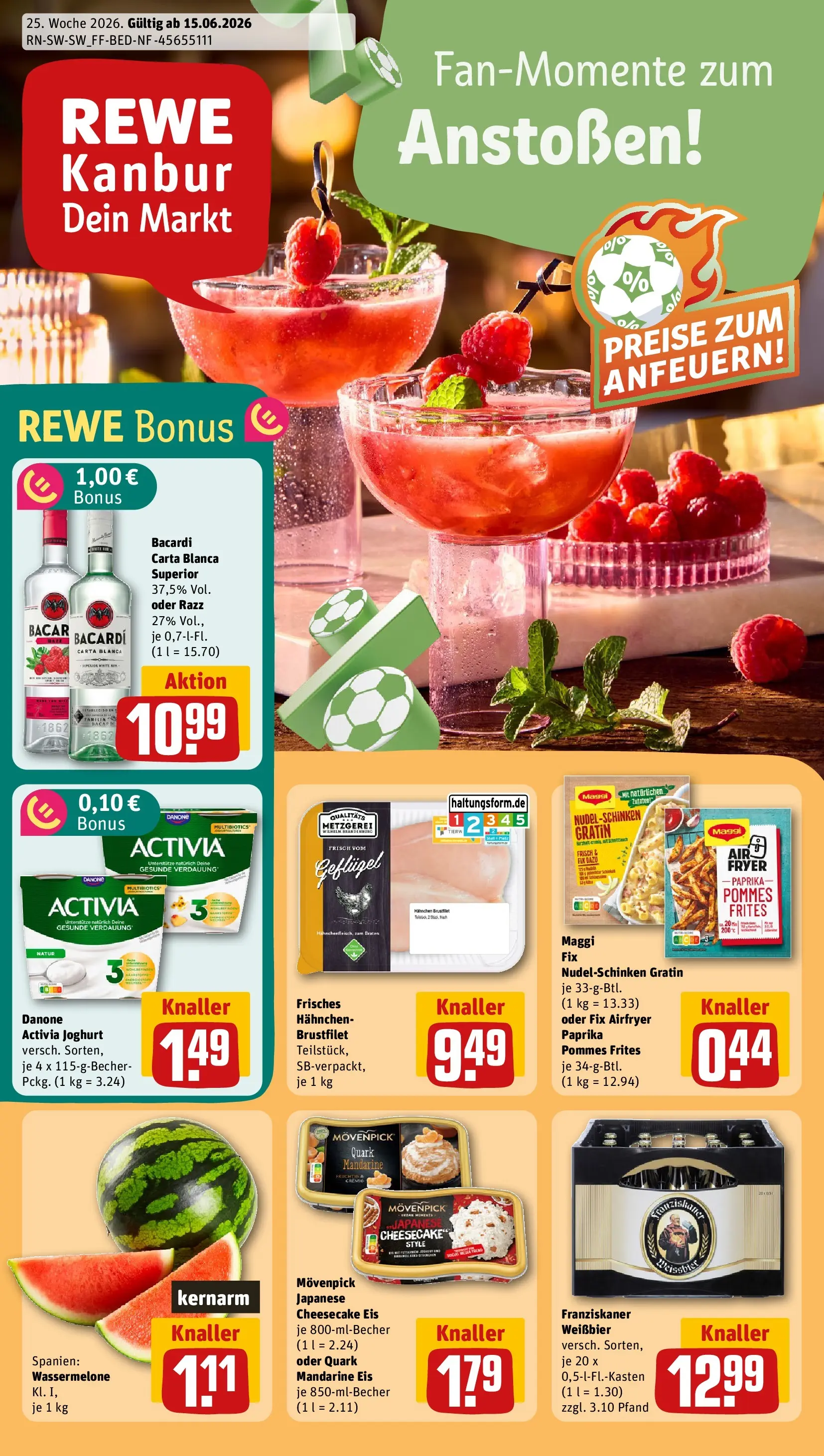 REWE Prospekt ab 14.06.2026 zum Blättern » Angebote | Seite: 1 | Produkte: Bacardi, Weißbier, Rum, Eis
