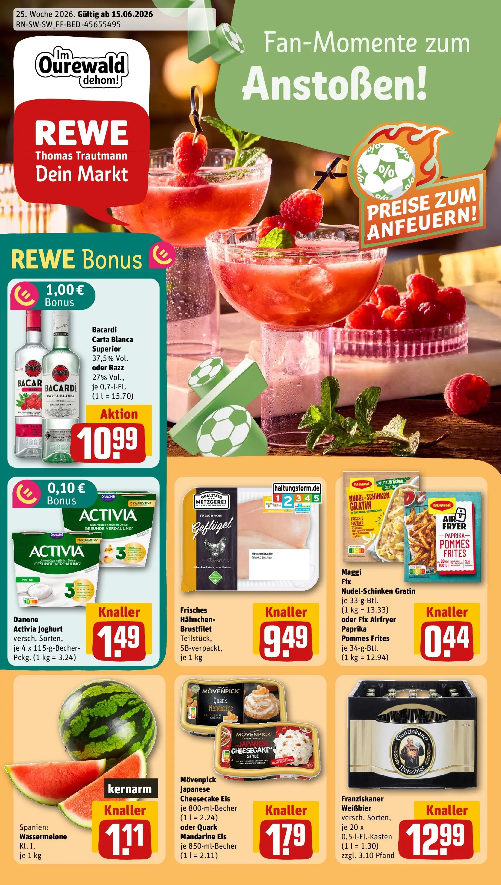 REWE Prospekt ab 14.06.2026 zum Blättern » Angebote | Seite: 1 | Produkte: Bacardi, Franziskaner, Maggi, Paprika