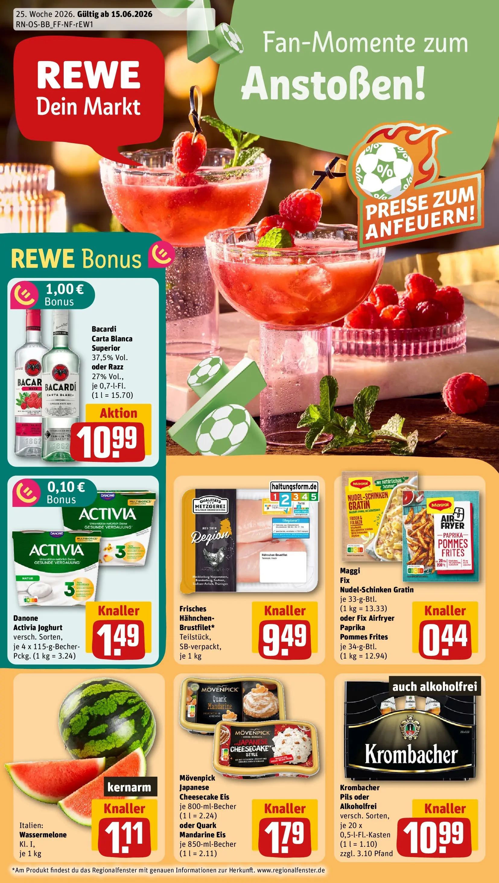 REWE Prospekt ab 14.06.2026 zum Blättern » Angebote | Seite: 1 | Produkte: Danone activia, Quark, Paprika, Wassermelone