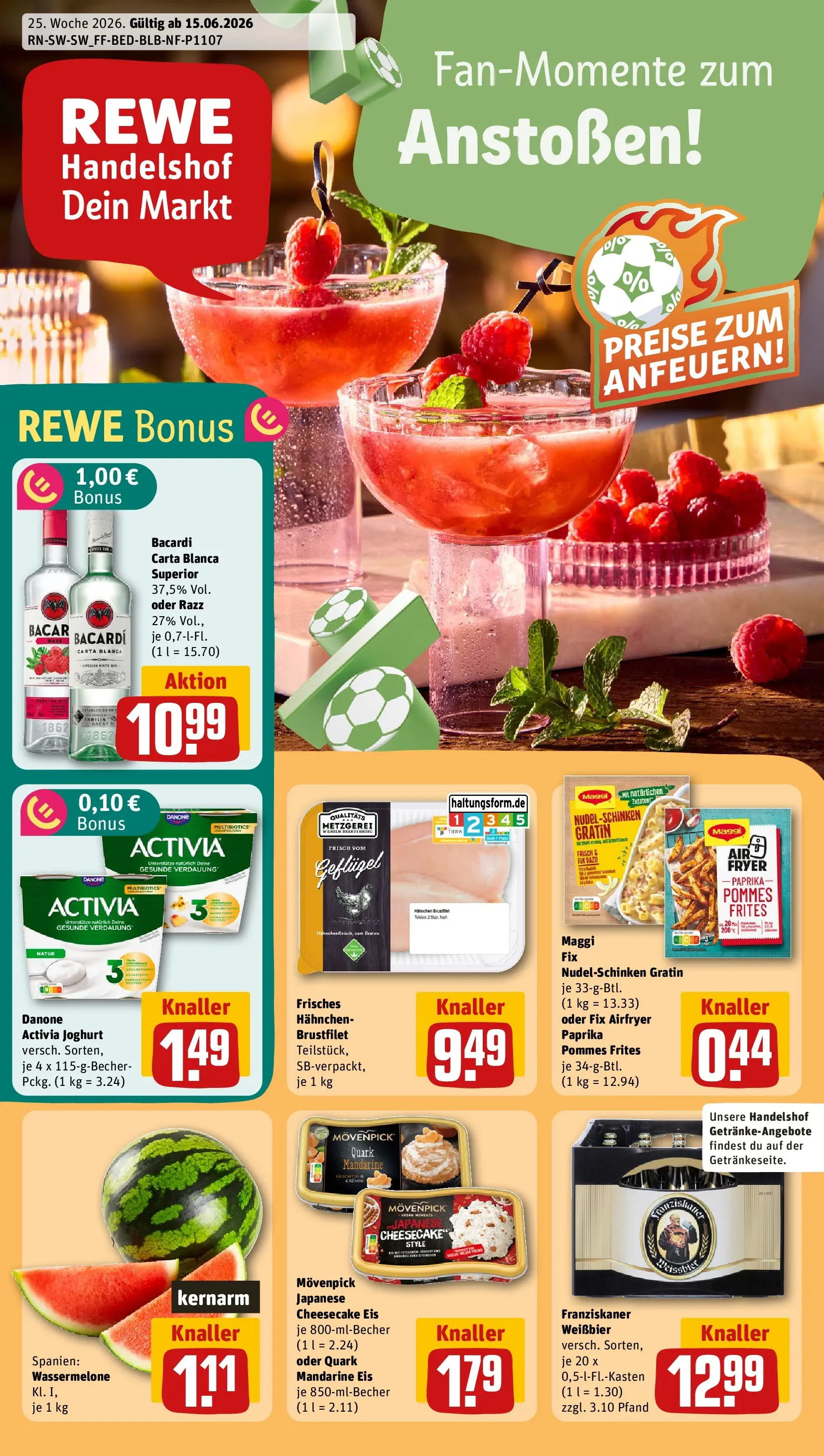 REWE Prospekt ab 14.06.2026 zum Blättern » Angebote | Seite: 1 | Produkte: Activia, Weißbier, Wassermelone, Eis