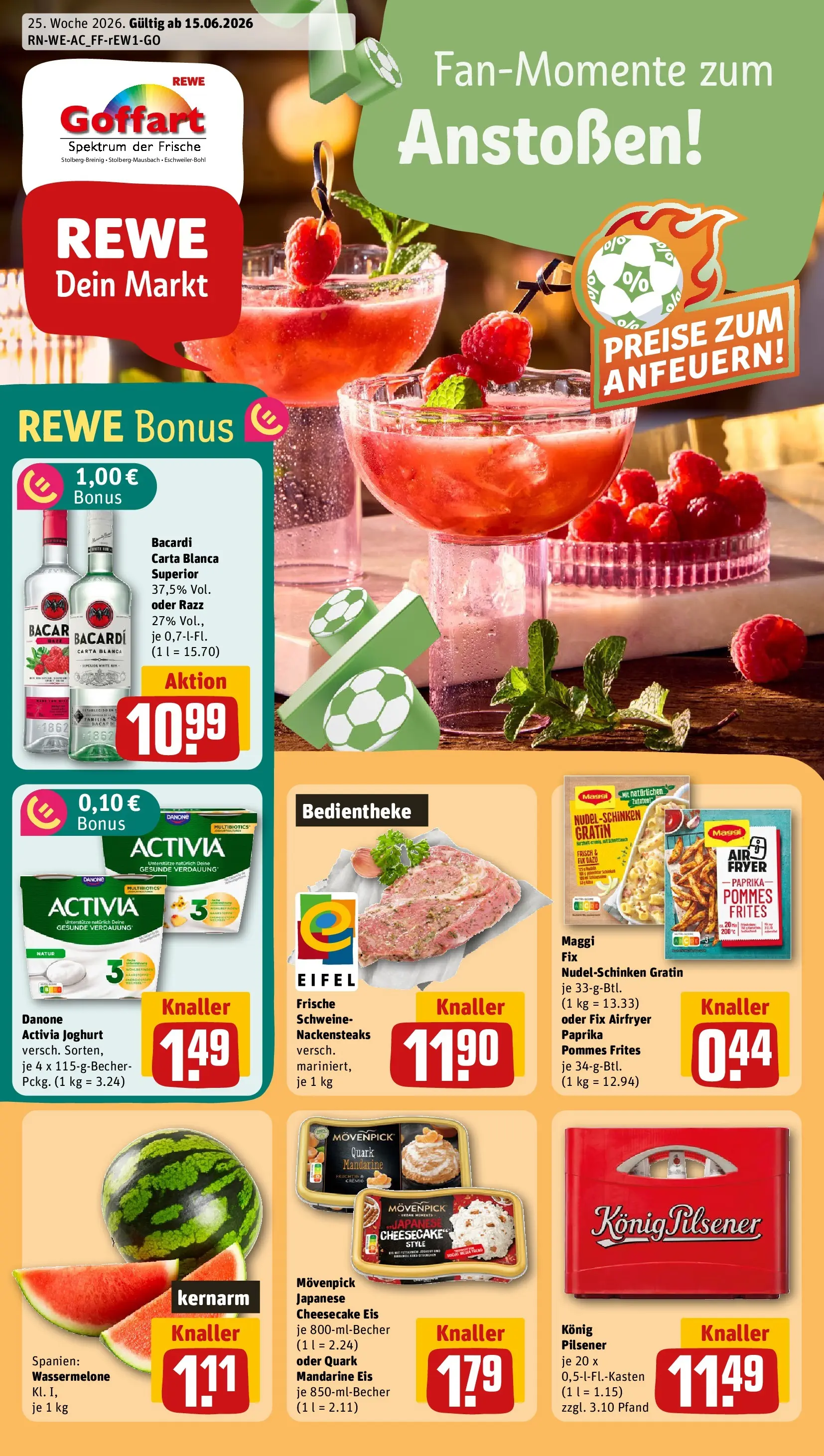 REWE Prospekt ab 14.06.2026 zum Blättern » Angebote | Seite: 1 | Produkte: Quark, Joghurt, Pommes, Wassermelone
