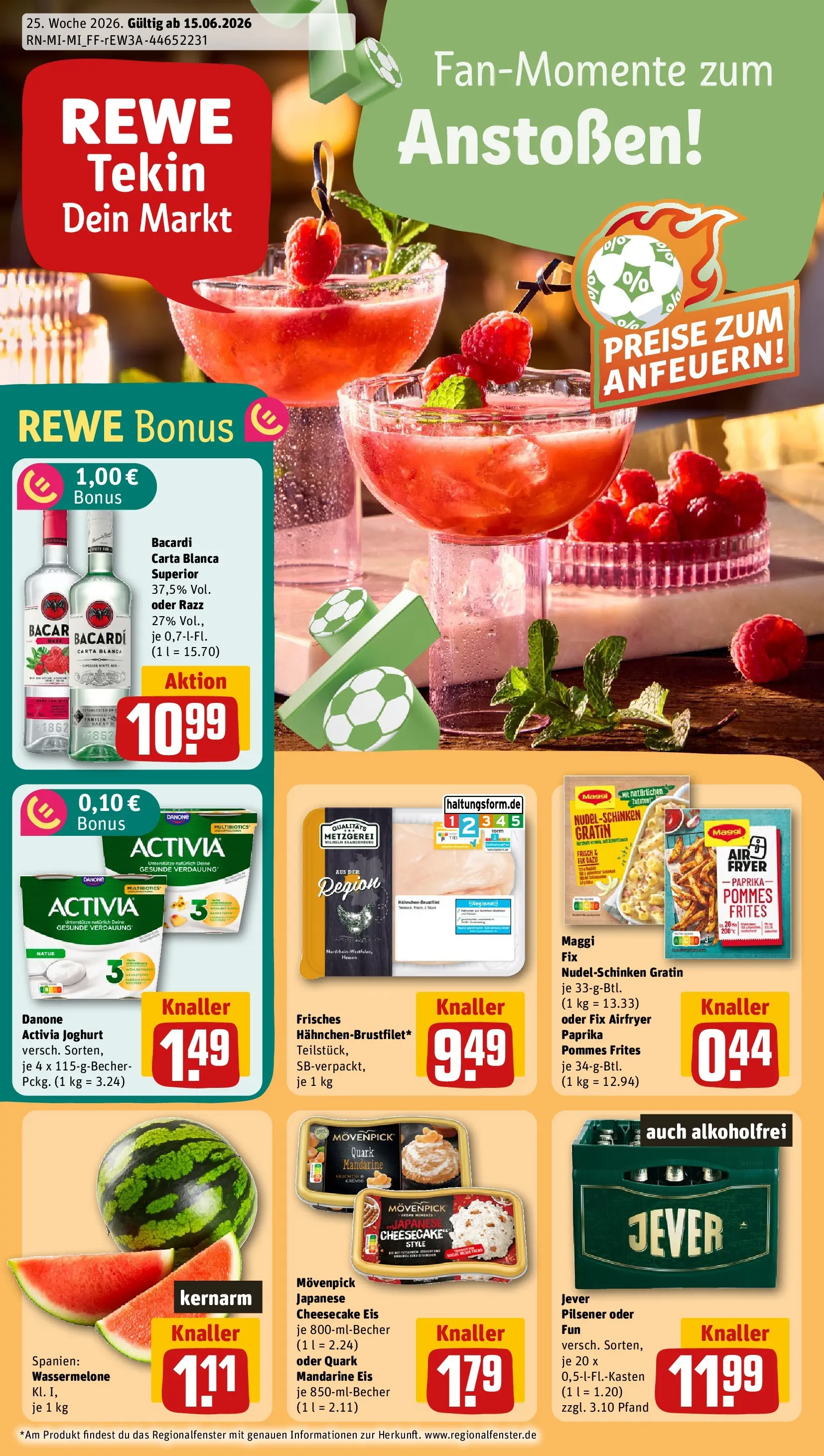 REWE Prospekt ab 14.06.2026 zum Blättern » Angebote | Seite: 1 | Produkte: Bacardi, Pommes, Pommes frites, Paprika