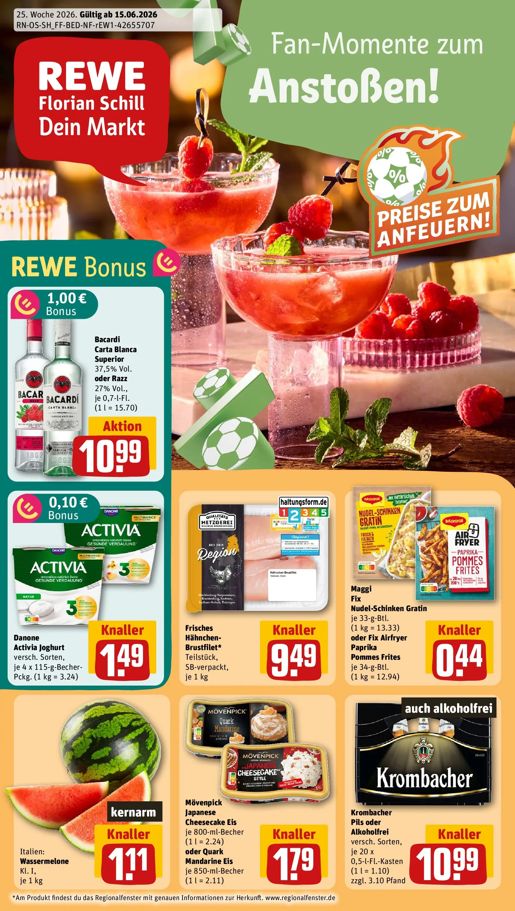REWE Prospekt ab 14.06.2026 zum Blättern » Angebote | Seite: 1 | Produkte: Rum, Pils, Maggi fix, Eis