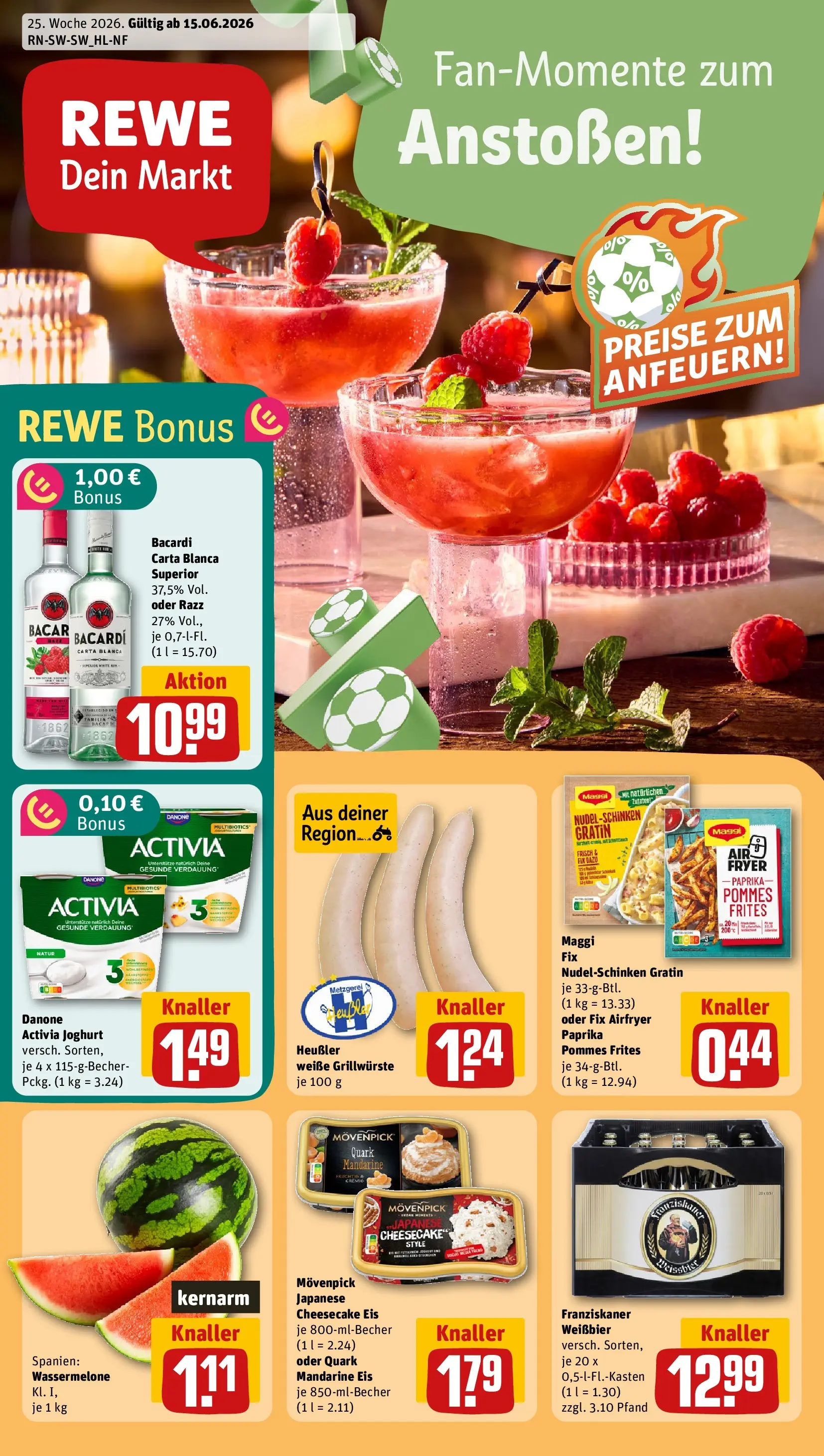 REWE Prospekt ab 14.06.2026 zum Blättern » Angebote | Seite: 1 | Produkte: Bacardi, Maggi, Pommes, Maggi fix
