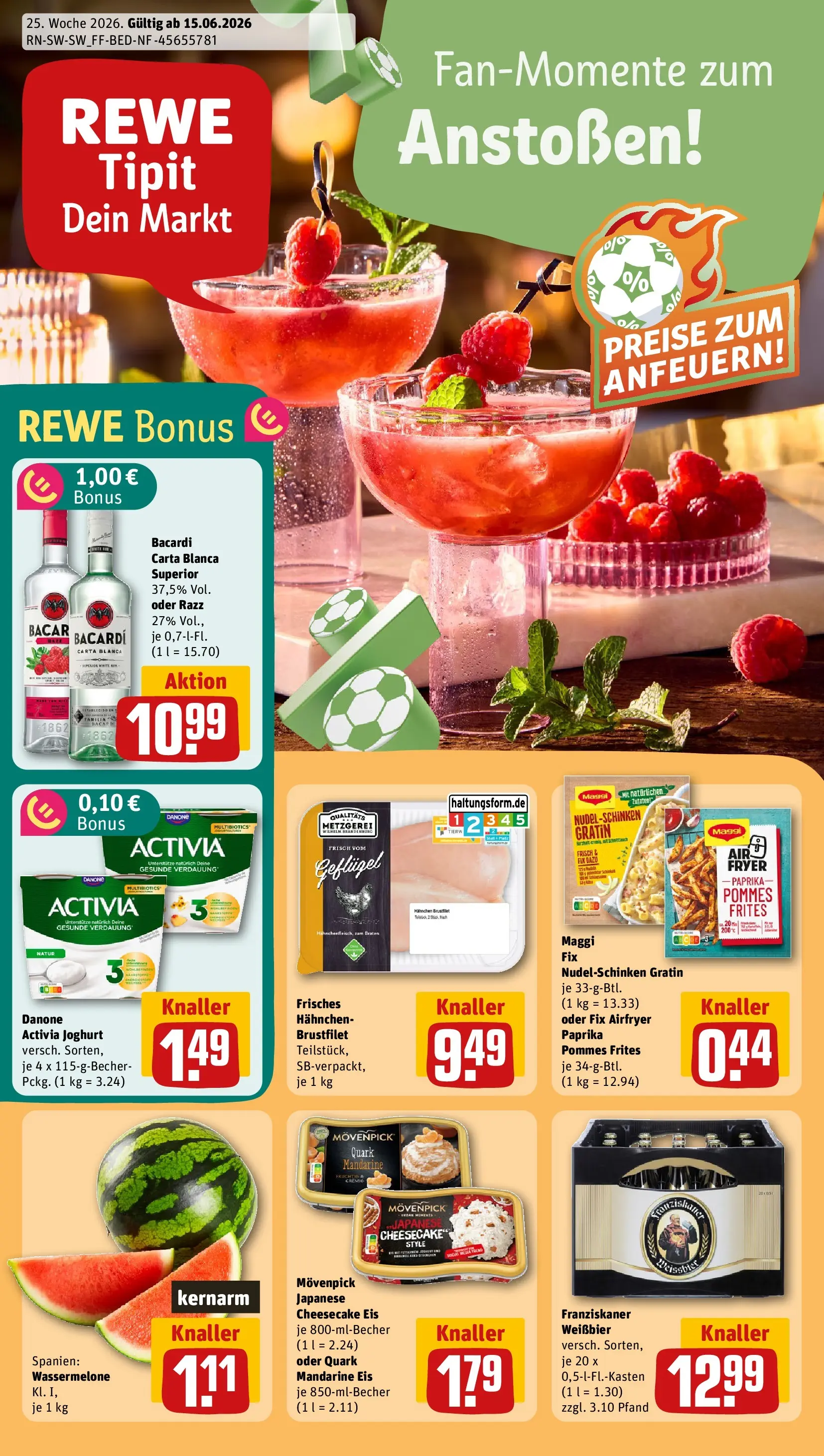 REWE Prospekt ab 14.06.2026 zum Blättern » Angebote | Seite: 1 | Produkte: Danone activia, Pommes, Maggi fix, Wassermelone