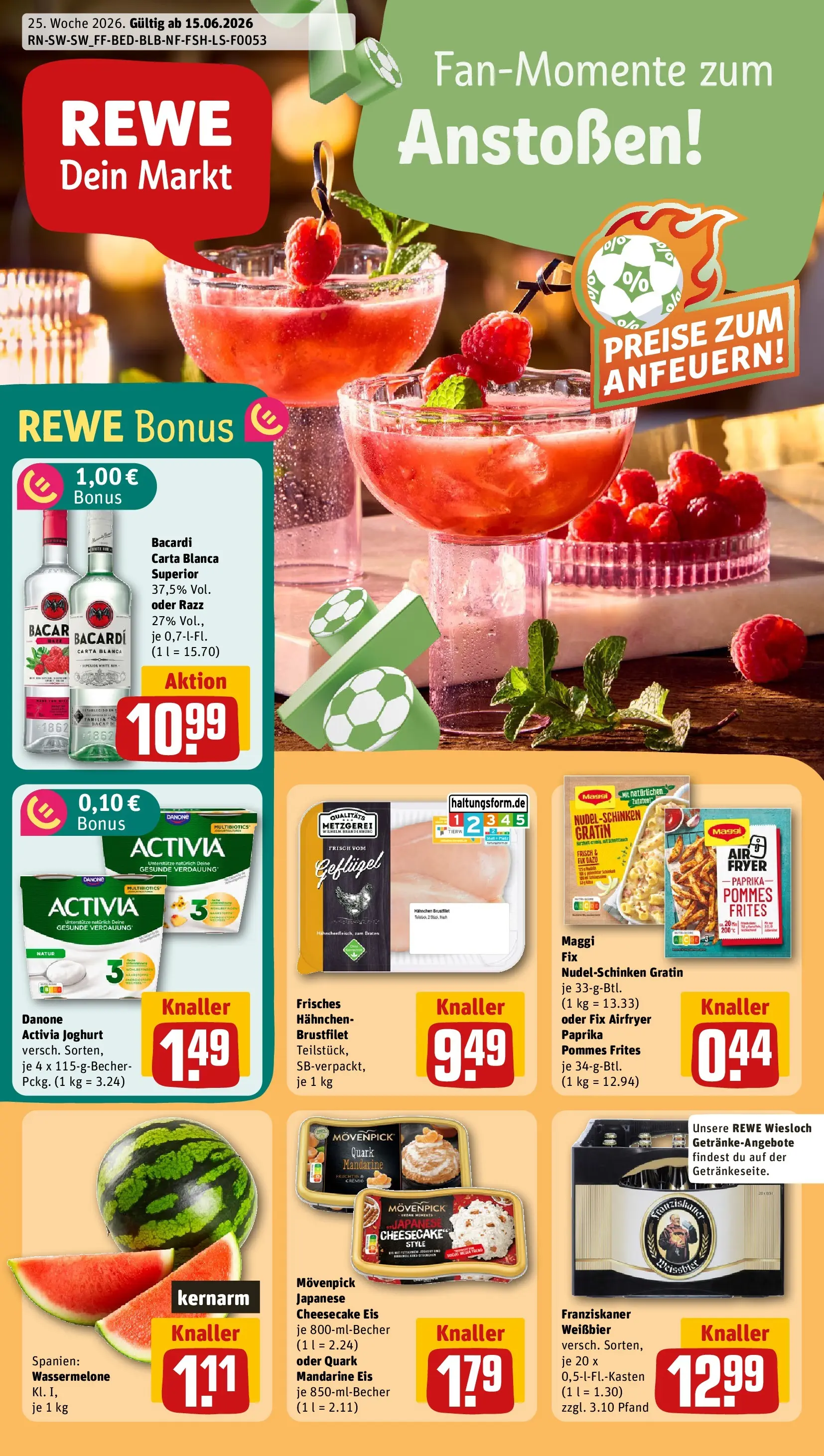 REWE Prospekt ab 14.06.2026 zum Blättern » Angebote | Seite: 1 | Produkte: Franziskaner, Pommes, Maggi fix, Wassermelone