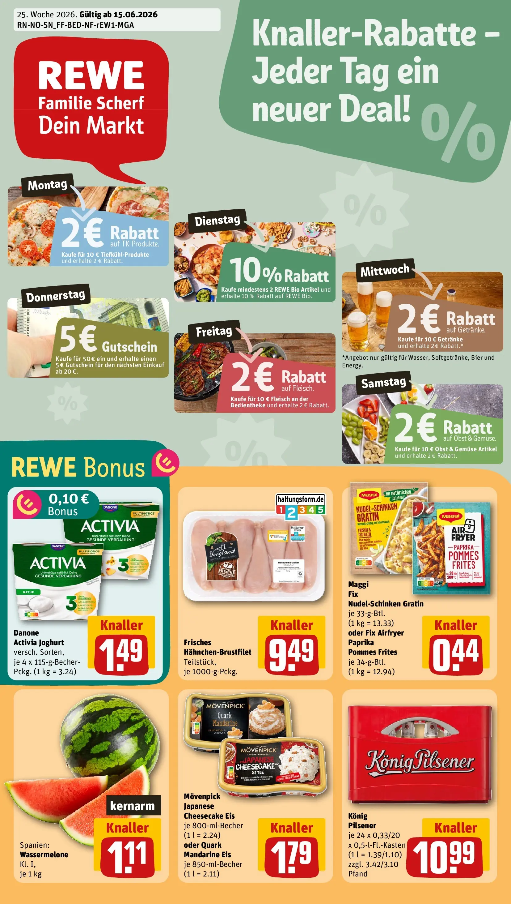 REWE Prospekt ab 14.06.2026 zum Blättern » Angebote | Seite: 1 | Produkte: Activia, Bier, Gemüse, Fleisch