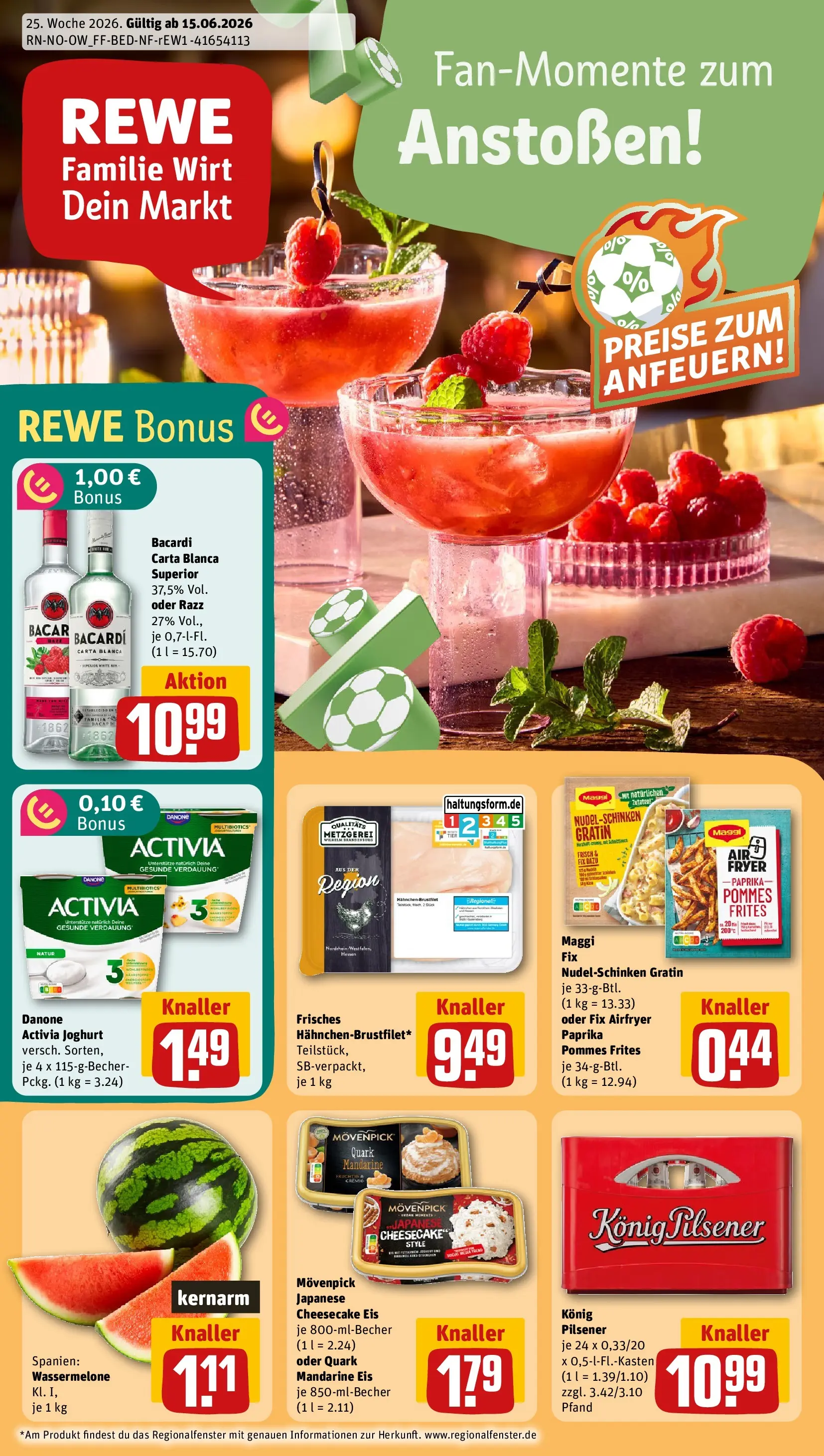 REWE Prospekt ab 14.06.2026 zum Blättern » Angebote | Seite: 1 | Produkte: Konig pilsener, Quark, Joghurt, Rum