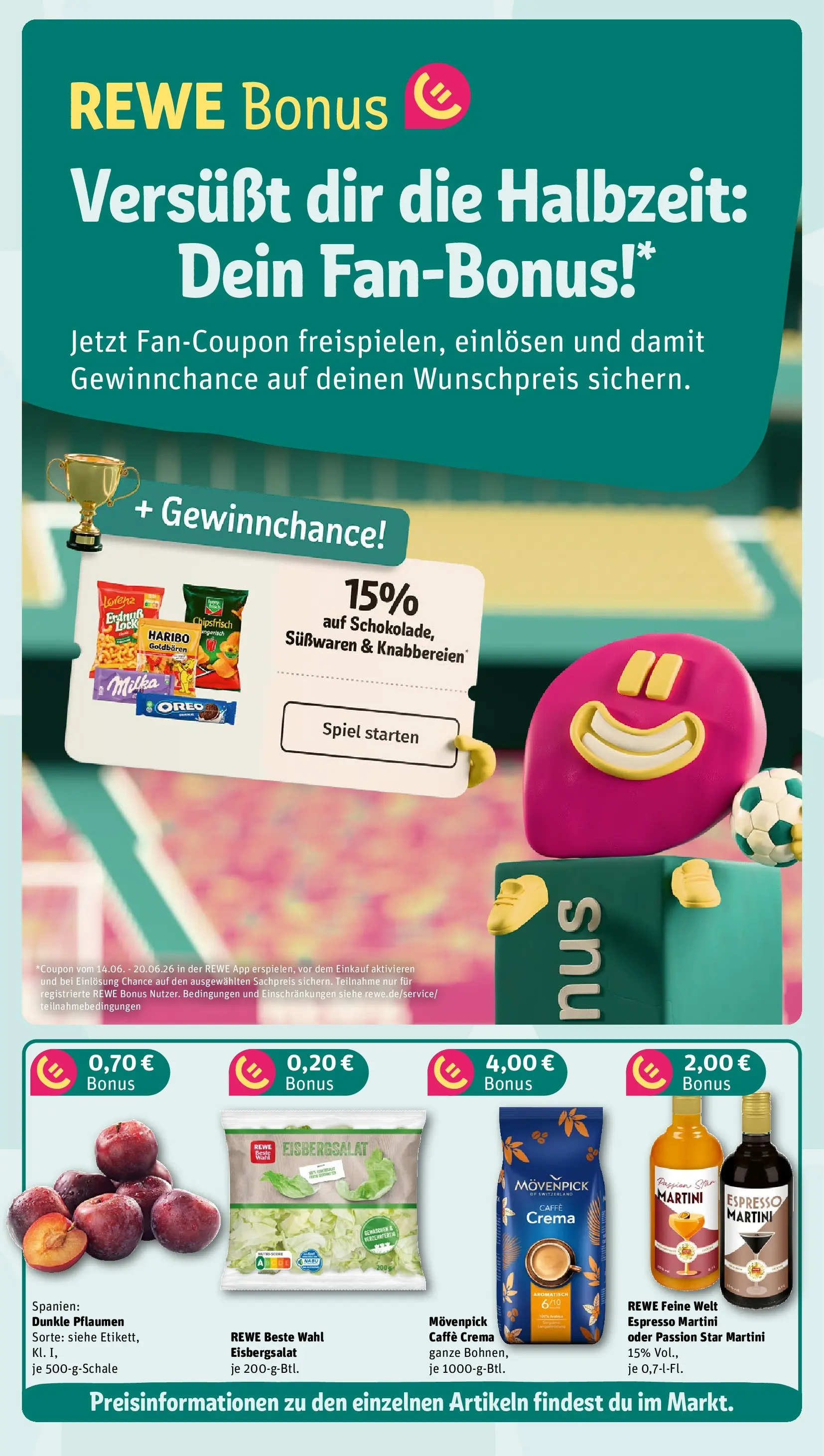 REWE Prospekt ab 14.06.2026 zum Blättern » Angebote | Seite: 3 | Produkte: Martini, Pflaumen, Haribo, Eisbergsalat