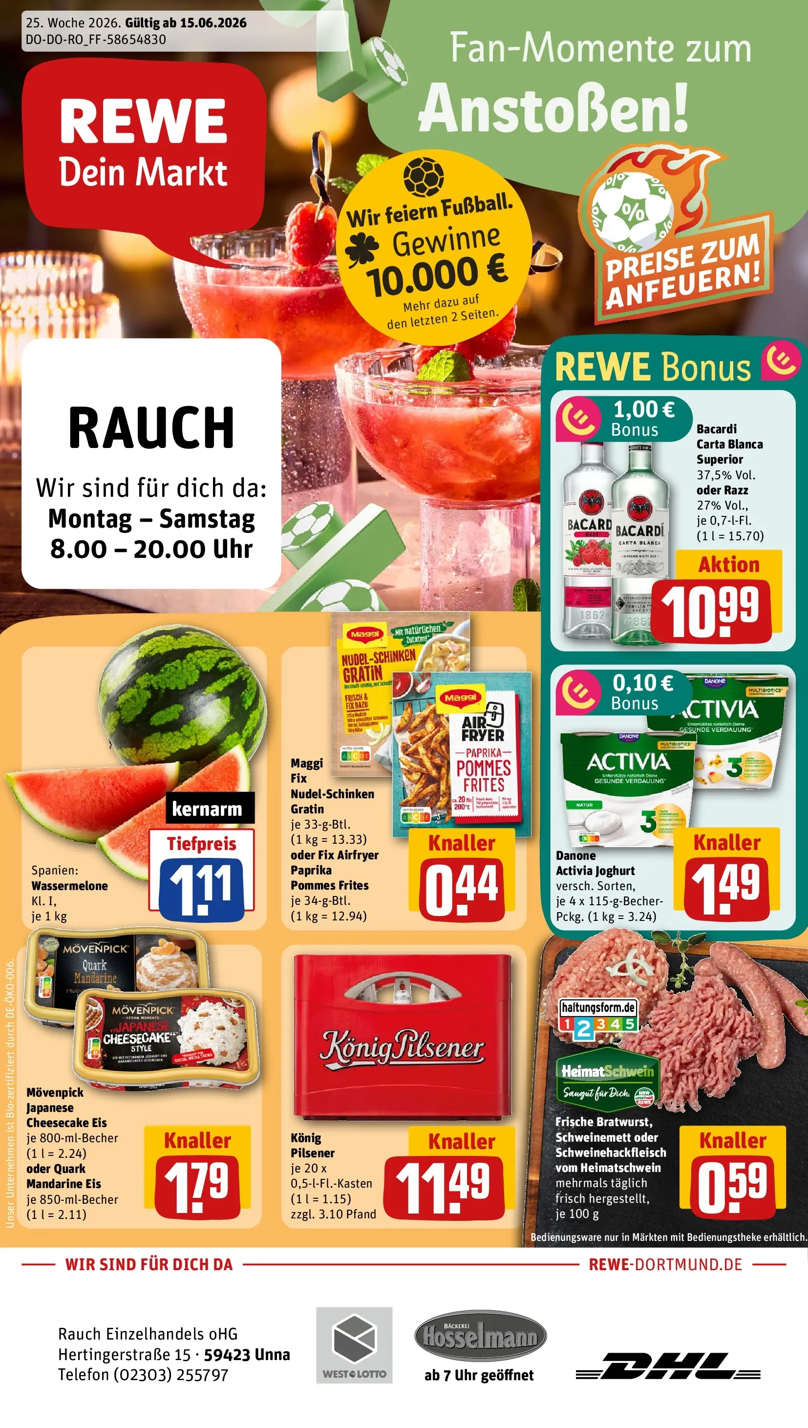 REWE Prospekt ab 14.06.2026 zum Blättern » Angebote | Seite: 1 | Produkte: Bäckerei, Danone activia, Rum, Pommes frites