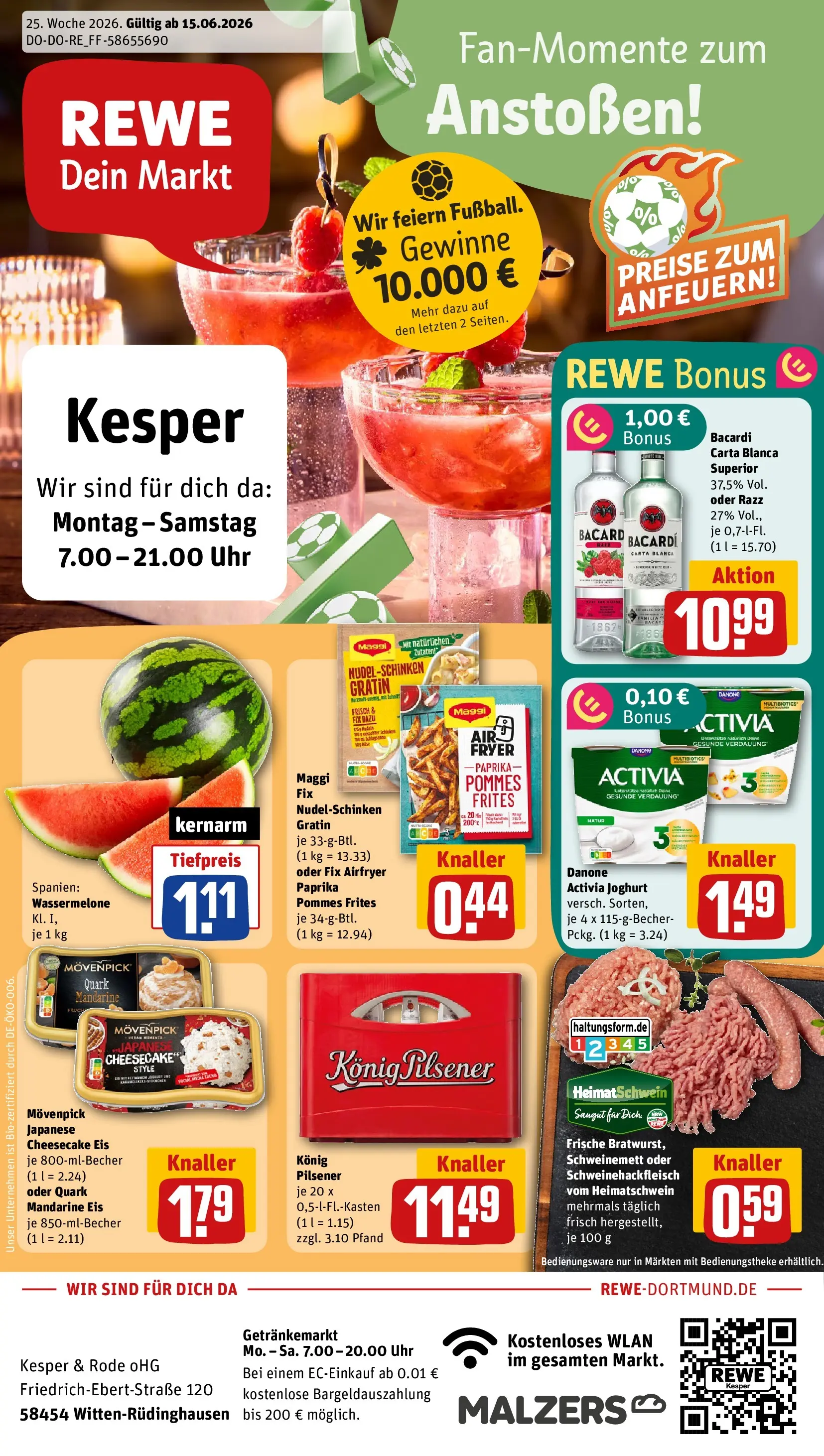 REWE Prospekt ab 14.06.2026 zum Blättern » Angebote | Seite: 1 | Produkte: Bacardi, Activia, Danone activia, Uhr