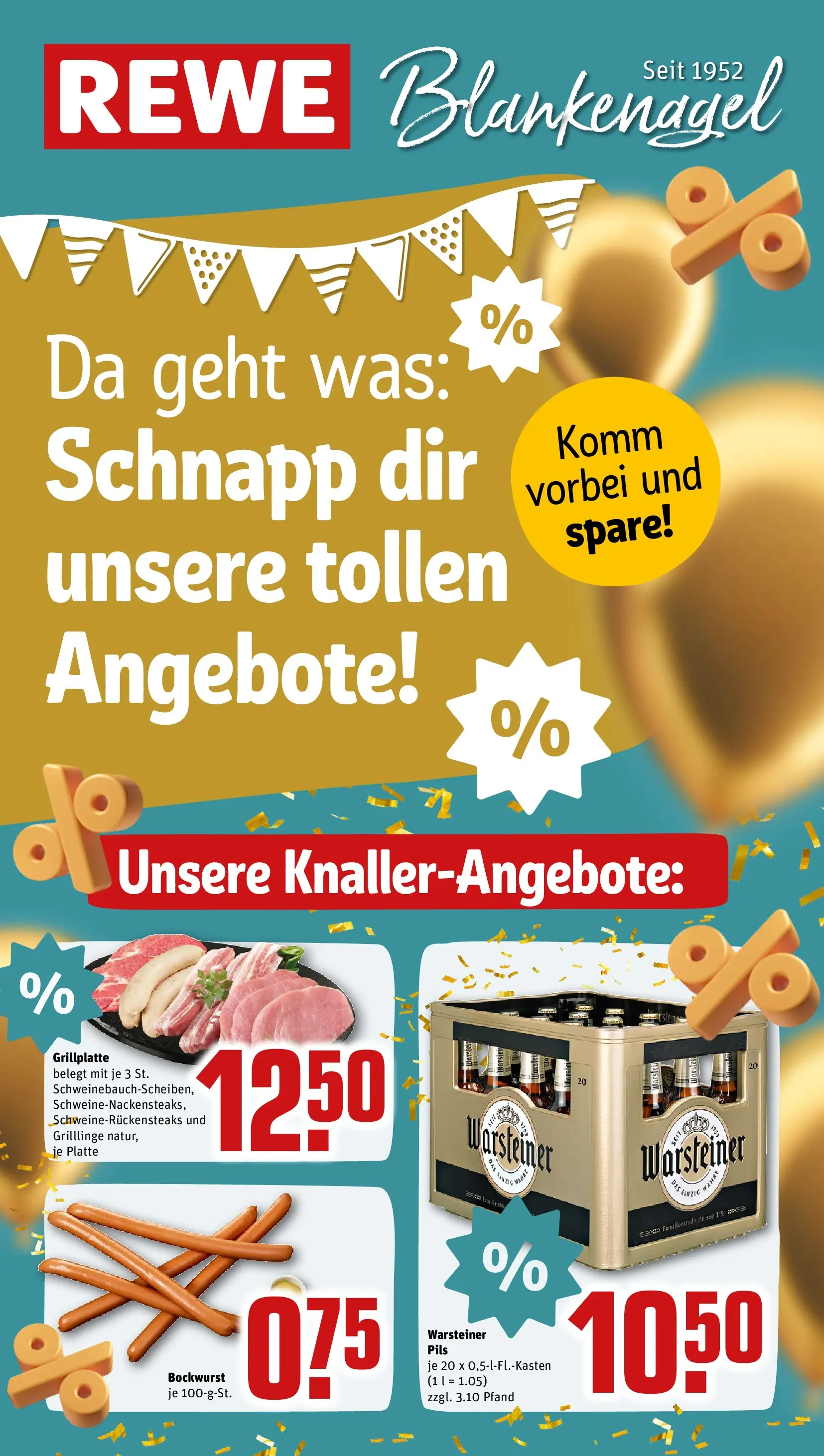 REWE Prospekt ab 14.06.2026 zum Blättern » Angebote | Seite: 1 | Produkte: Bockwurst, Pils, Warsteiner