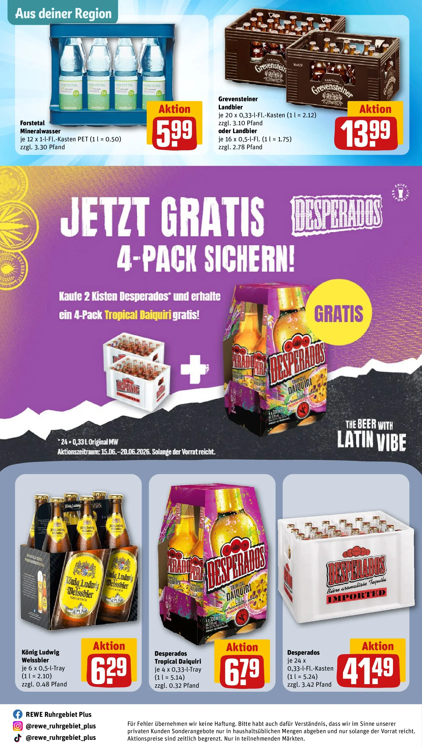REWE Prospekt ab 14.06.2026 zum Blättern » Angebote | Seite: 29 | Produkte: Weißbier, Mineralwasser, Tequila, Desperados