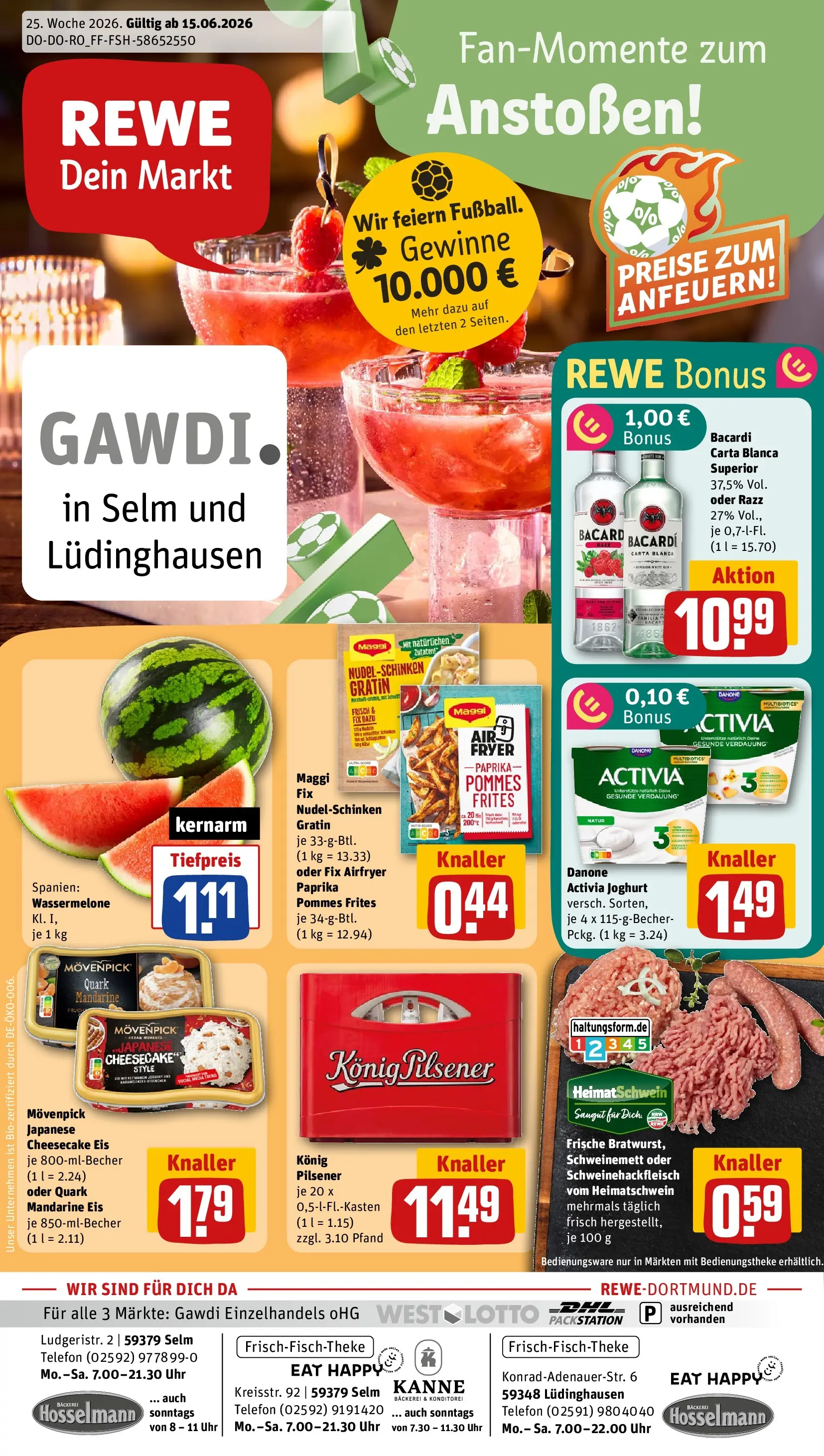 REWE Prospekt ab 14.06.2026 zum Blättern » Angebote | Seite: 1 | Produkte: Bäckerei, Rum, Pommes, Uhr