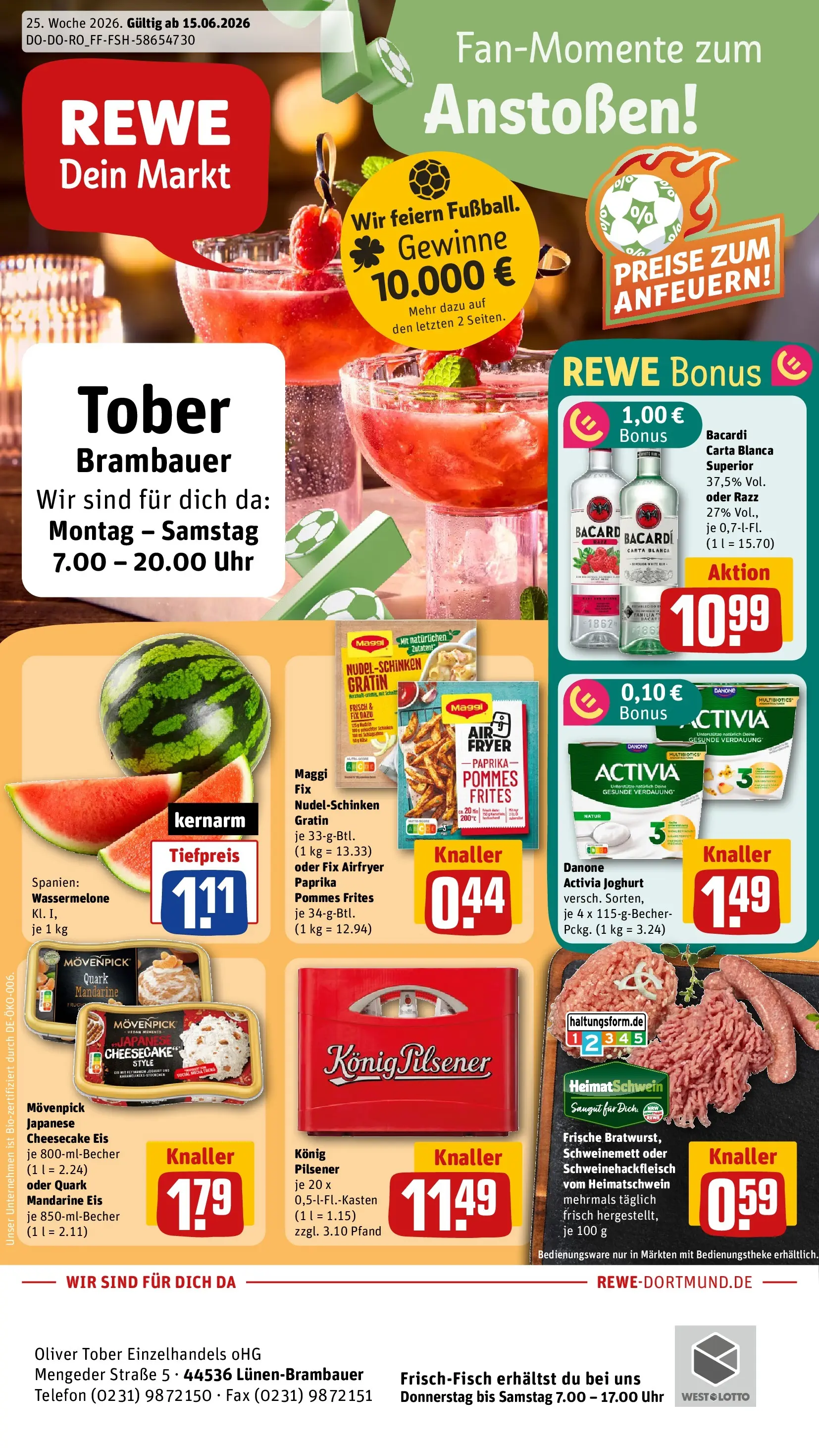 REWE Prospekt ab 14.06.2026 zum Blättern » Angebote | Seite: 1 | Produkte: Activia, Wassermelone, Eis, Telefon