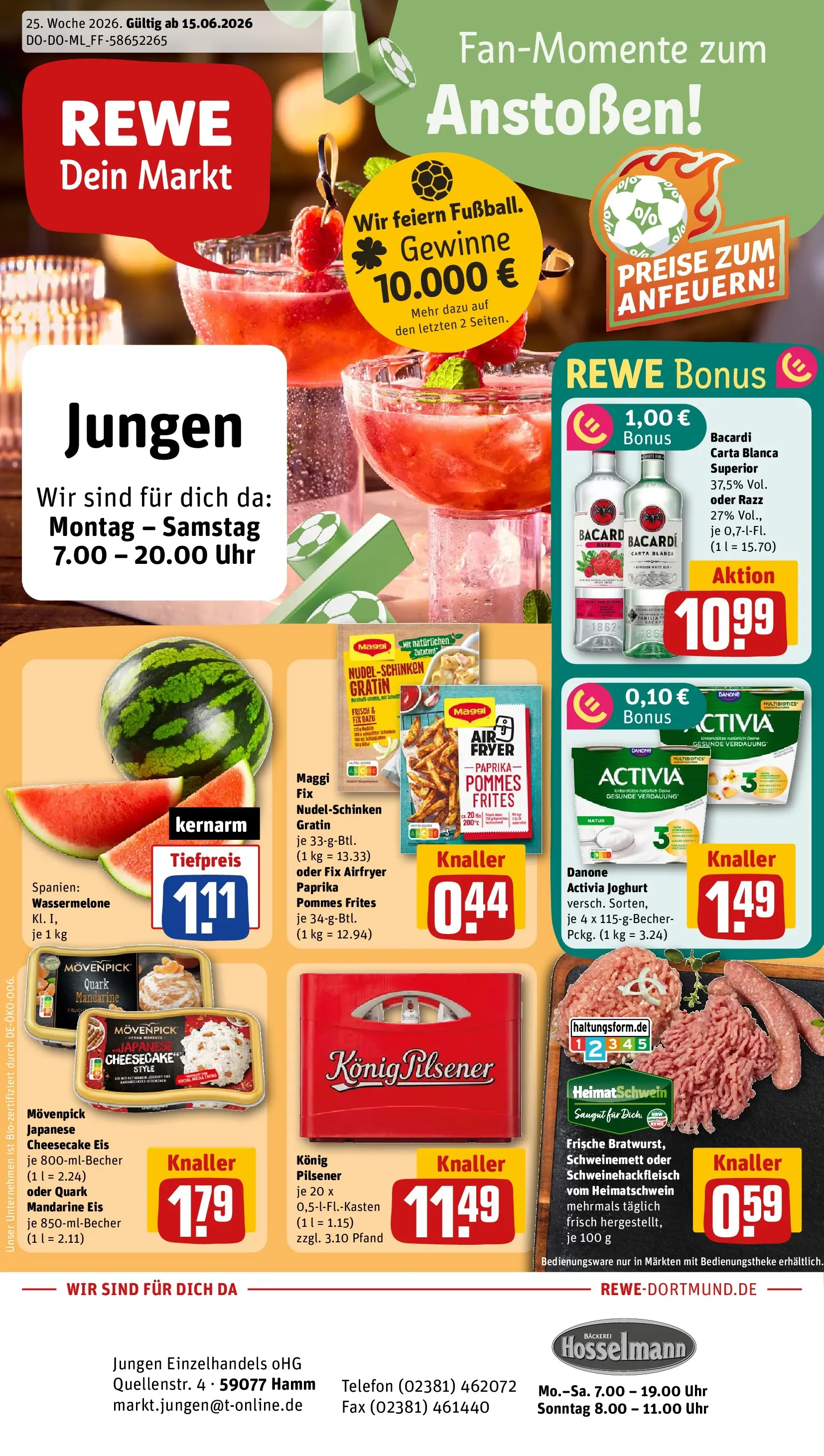 REWE Prospekt ab 14.06.2026 zum Blättern » Angebote | Seite: 1 | Produkte: Bäckerei, Danone activia, Rum, Uhr