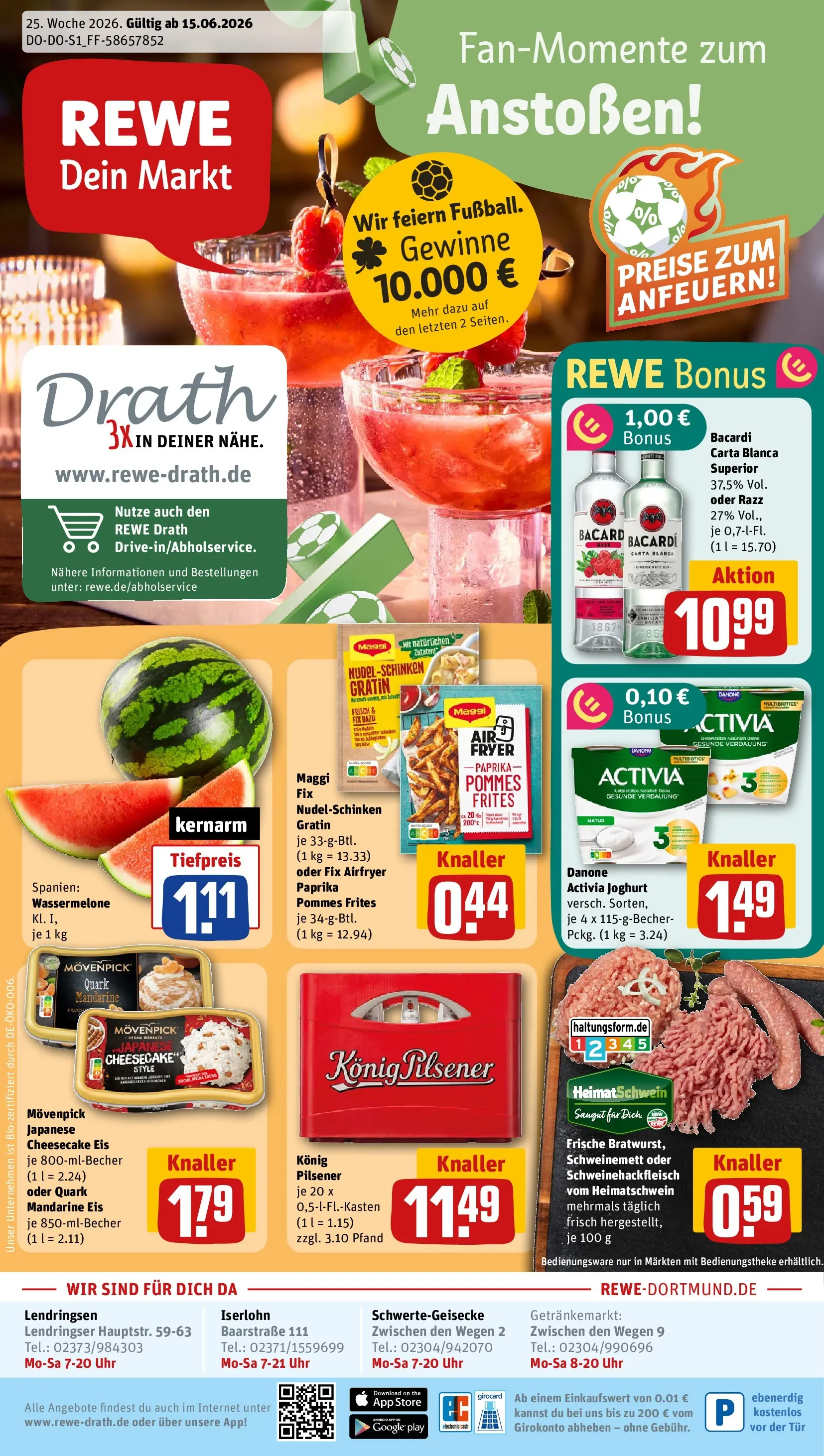REWE Prospekt ab 14.06.2026 zum Blättern » Angebote | Seite: 1 | Produkte: Joghurt, Pommes, Pasta, Uhr