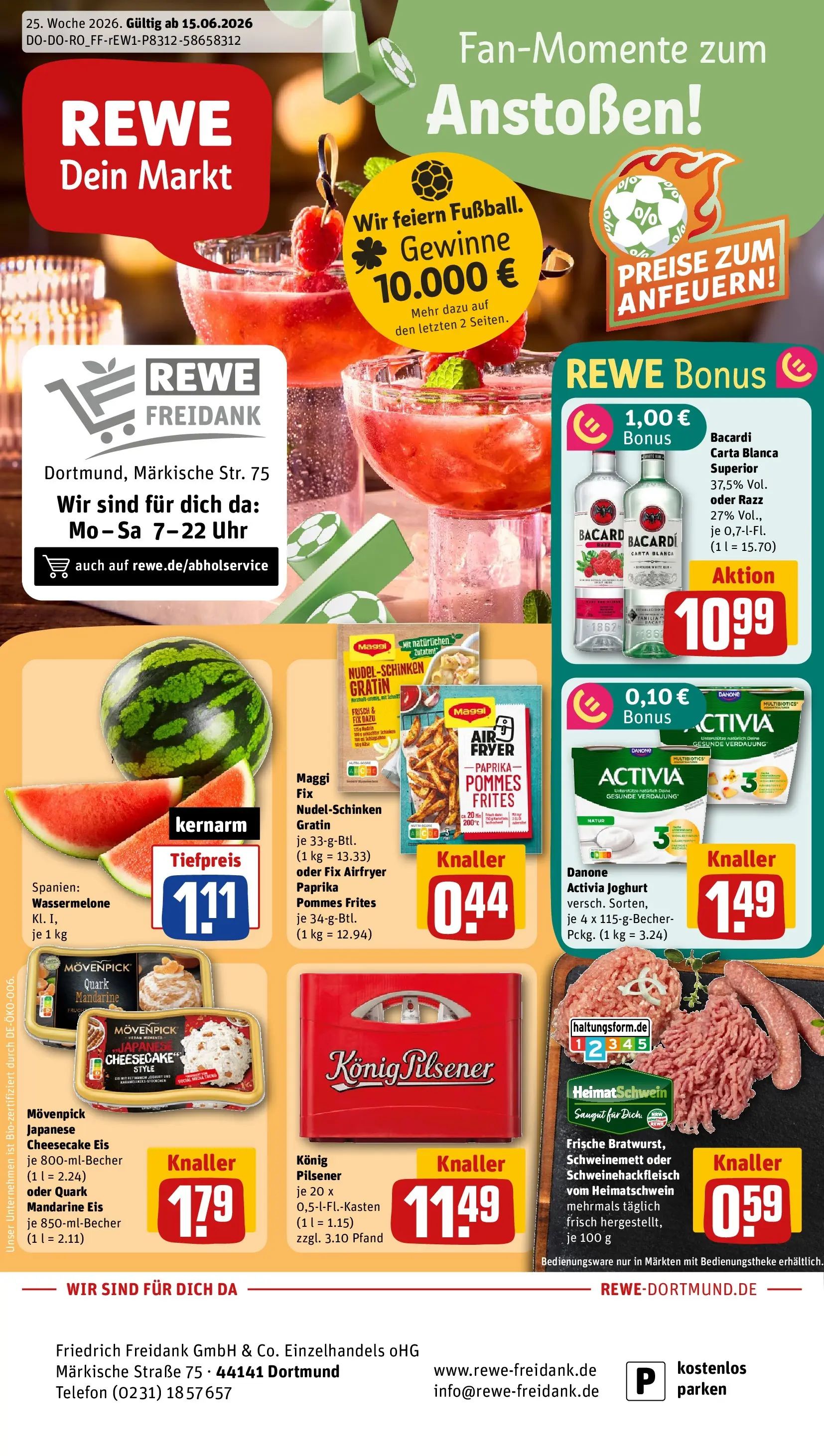 REWE Prospekt ab 14.06.2026 zum Blättern » Angebote | Seite: 1 | Produkte: Bacardi, Konig pilsener, Eis, Uhr