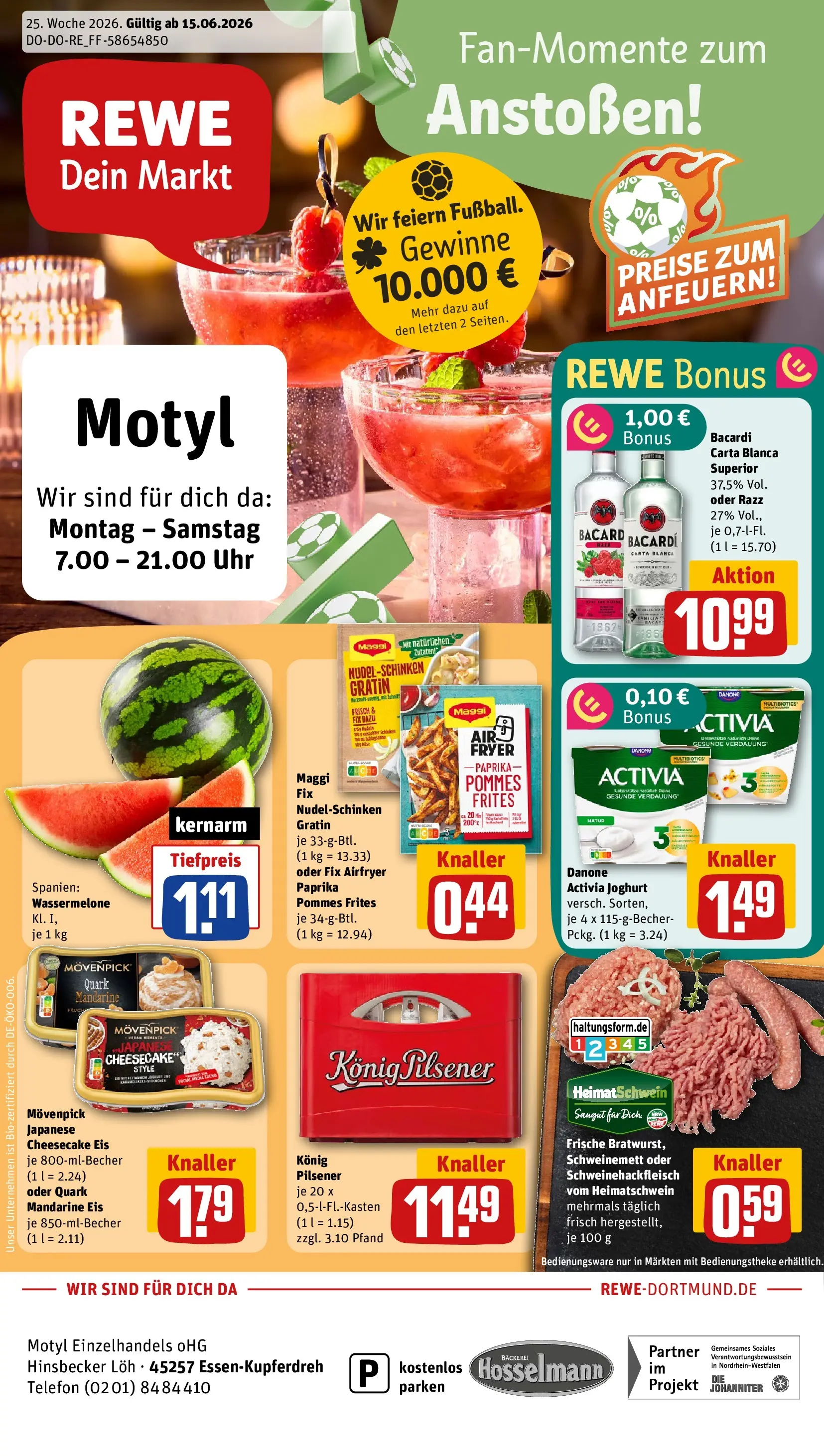 REWE Prospekt ab 14.06.2026 zum Blättern » Angebote | Seite: 1 | Produkte: Quark, Pommes, Pasta, Uhr