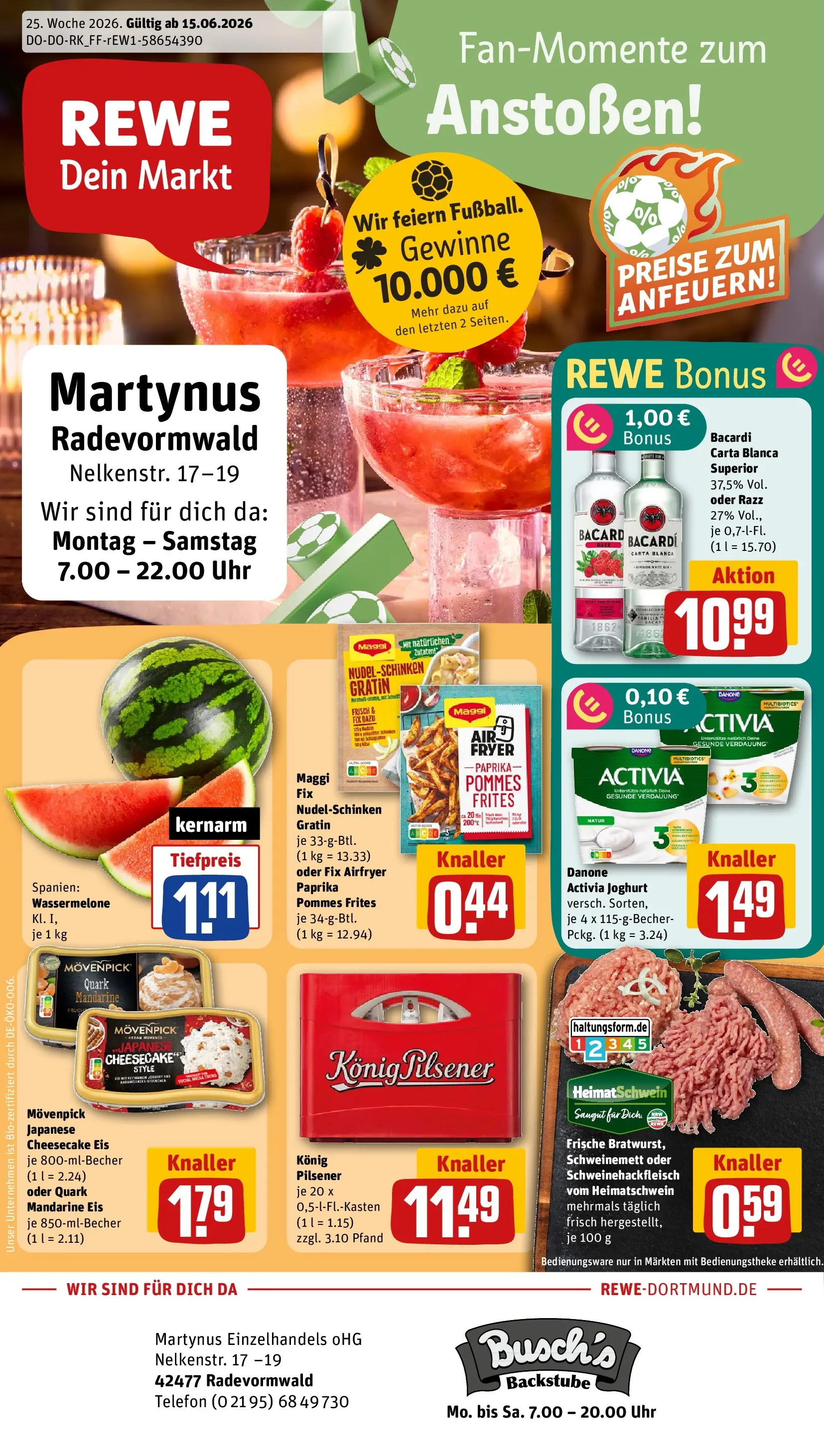 REWE Prospekt ab 14.06.2026 zum Blättern » Angebote | Seite: 1 | Produkte: Bacardi, Pommes frites, Maggi fix, Eis