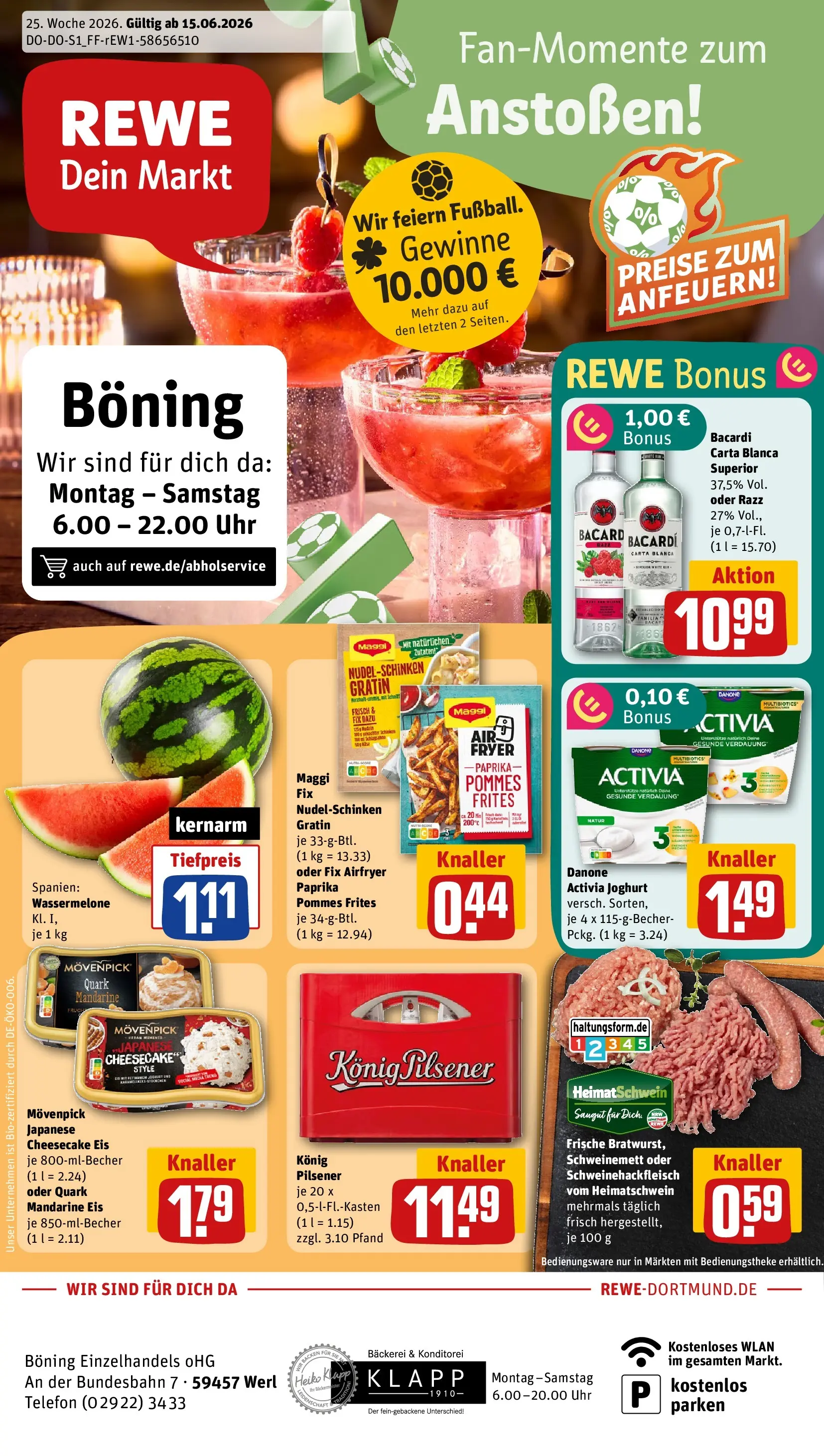 REWE Prospekt ab 14.06.2026 zum Blättern » Angebote | Seite: 1 | Produkte: Activia, Paprika, Wassermelone, Telefon