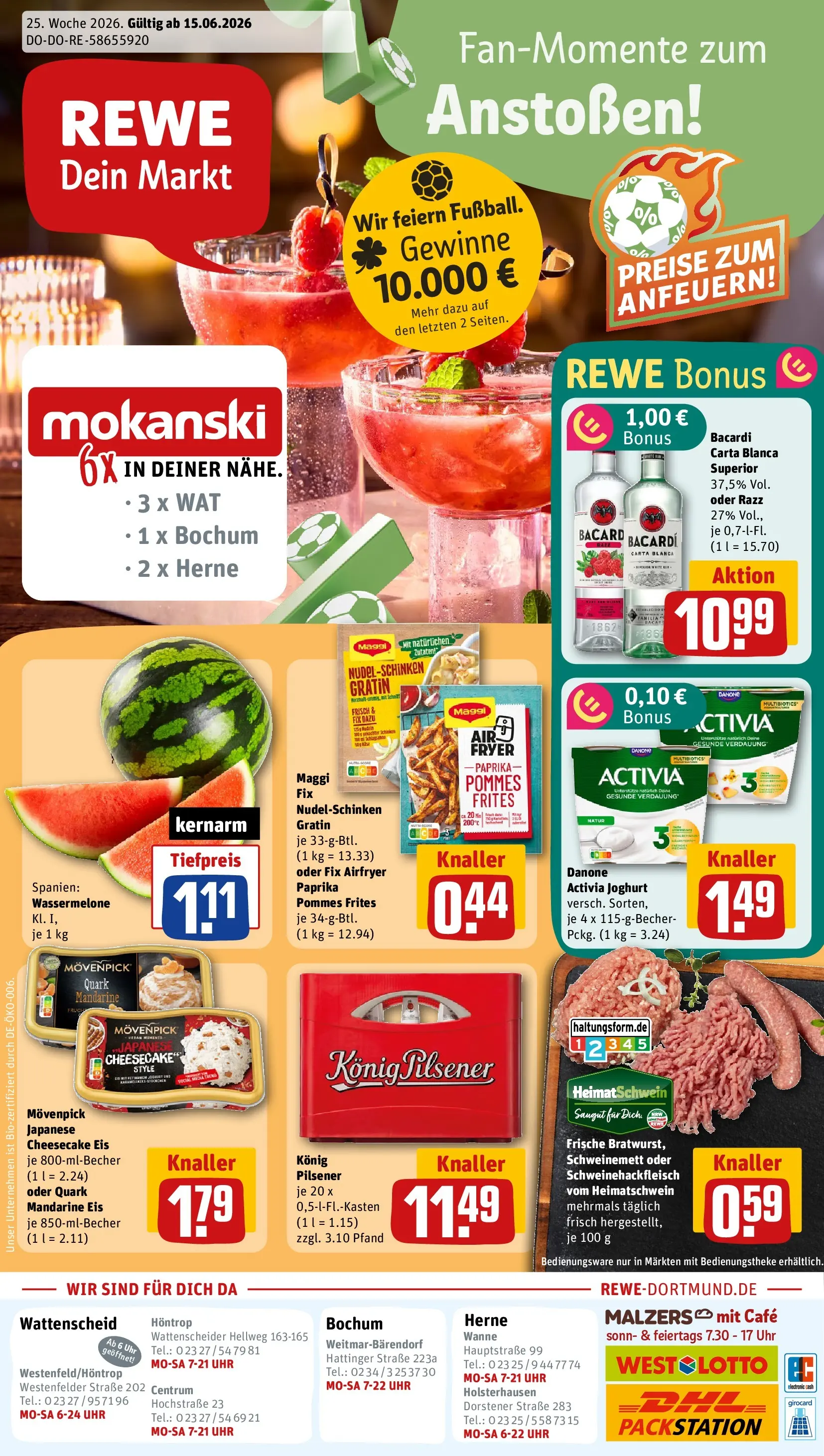 REWE Prospekt ab 14.06.2026 zum Blättern » Angebote | Seite: 1 | Produkte: Bacardi, Joghurt, Maggi fix, Uhr