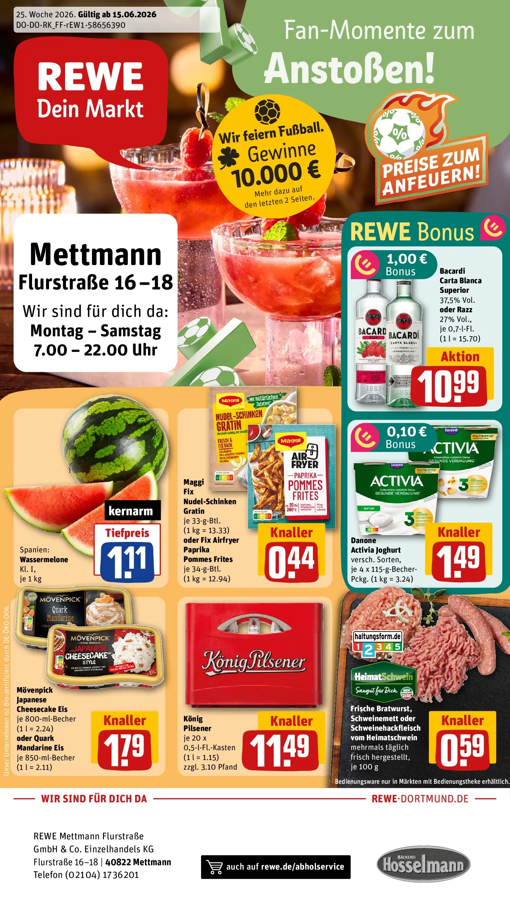 REWE Prospekt ab 14.06.2026 zum Blättern » Angebote | Seite: 1 | Produkte: Konig pilsener, Danone activia, Rum, Uhr