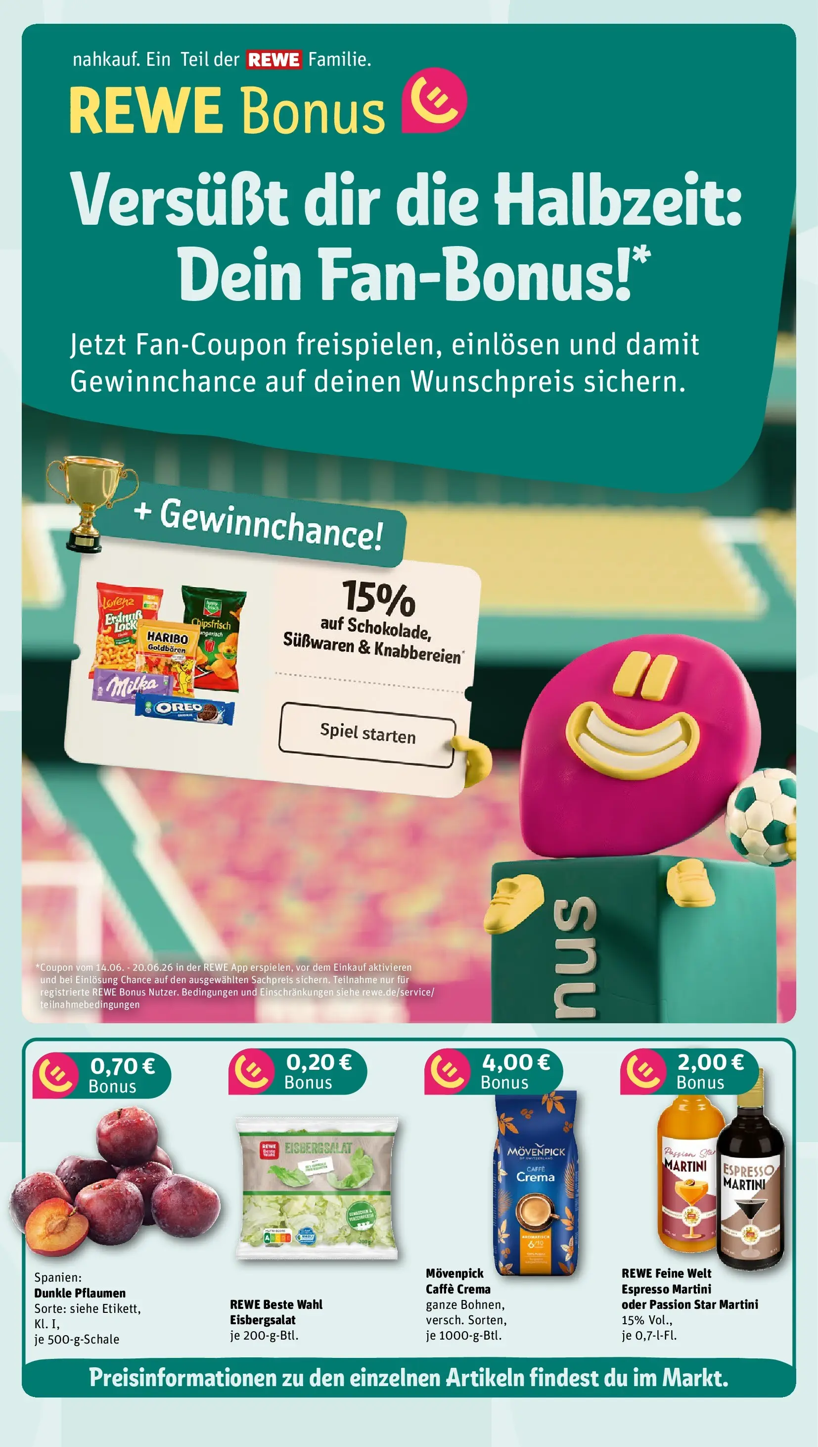 REWE Prospekt ab 14.06.2026 zum Blättern » Angebote | Seite: 4 | Produkte: Spiel, Pflaumen, Haribo, Eisbergsalat