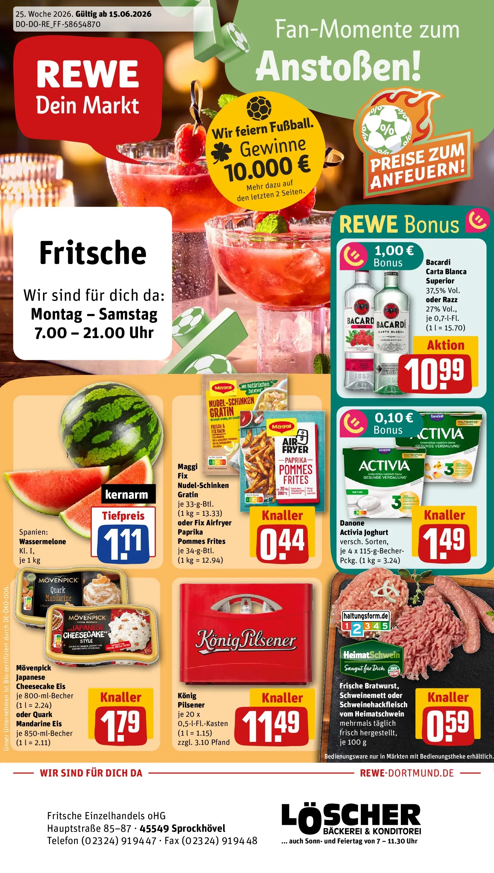 REWE Prospekt ab 14.06.2026 zum Blättern » Angebote | Seite: 1 | Produkte: Konig pilsener, Pommes, Eis, Uhr