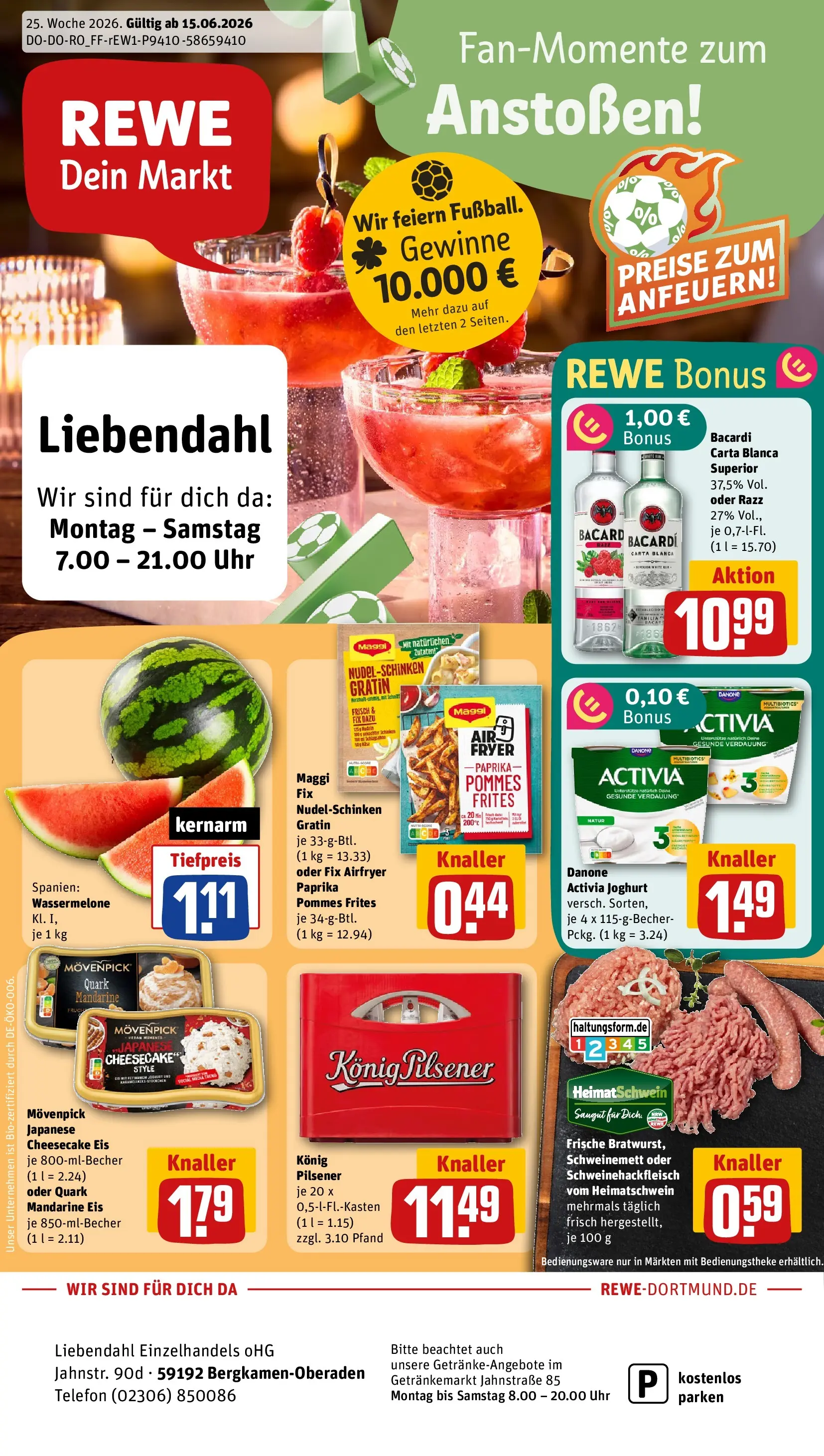 REWE Prospekt ab 14.06.2026 zum Blättern » Angebote | Seite: 1 | Produkte: Bacardi, Konig pilsener, Danone activia, Paprika