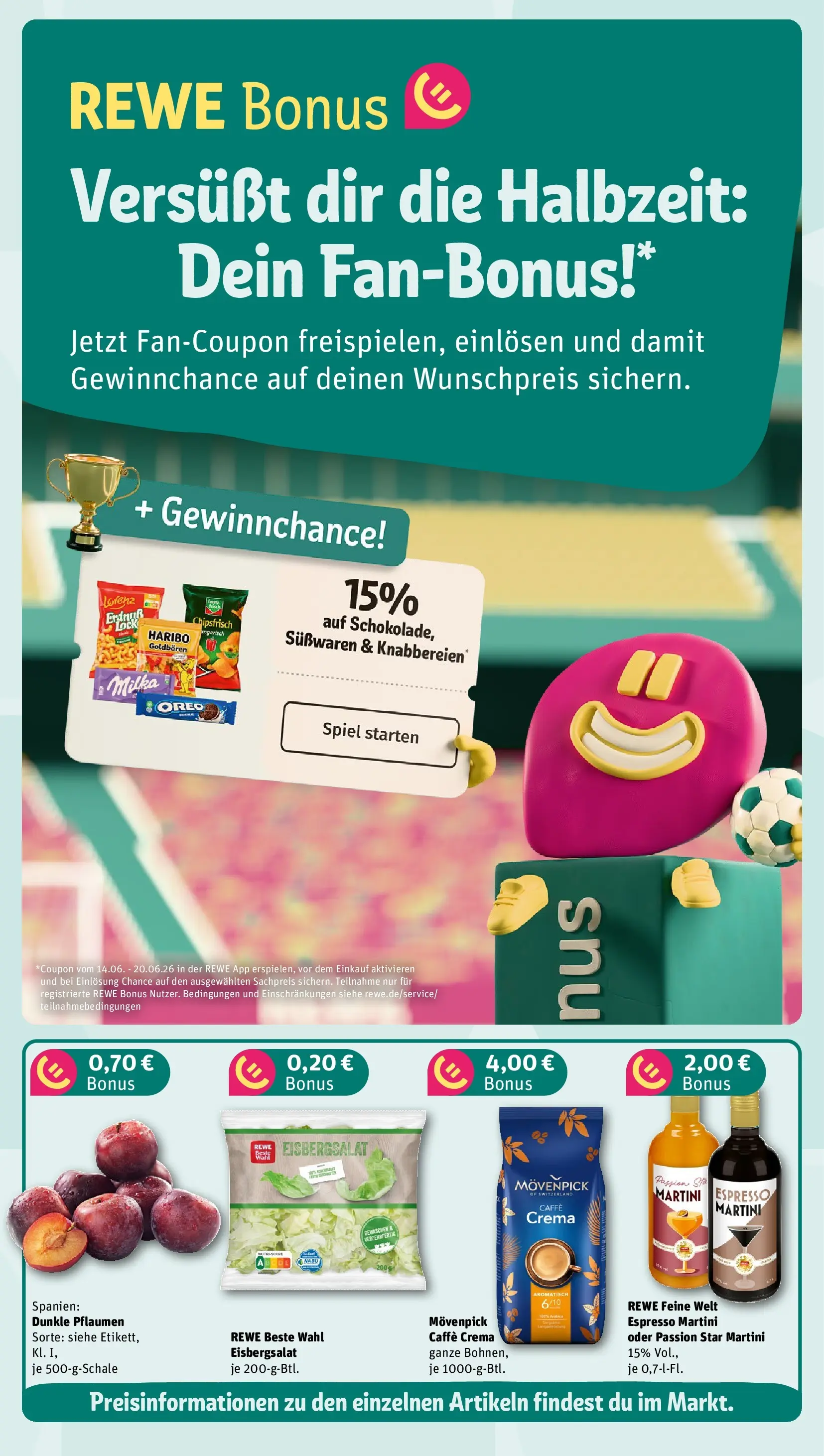 REWE Prospekt ab 14.06.2026 zum Blättern » Angebote | Seite: 3 | Produkte: Spiel, Pflaumen, Haribo, Eisbergsalat