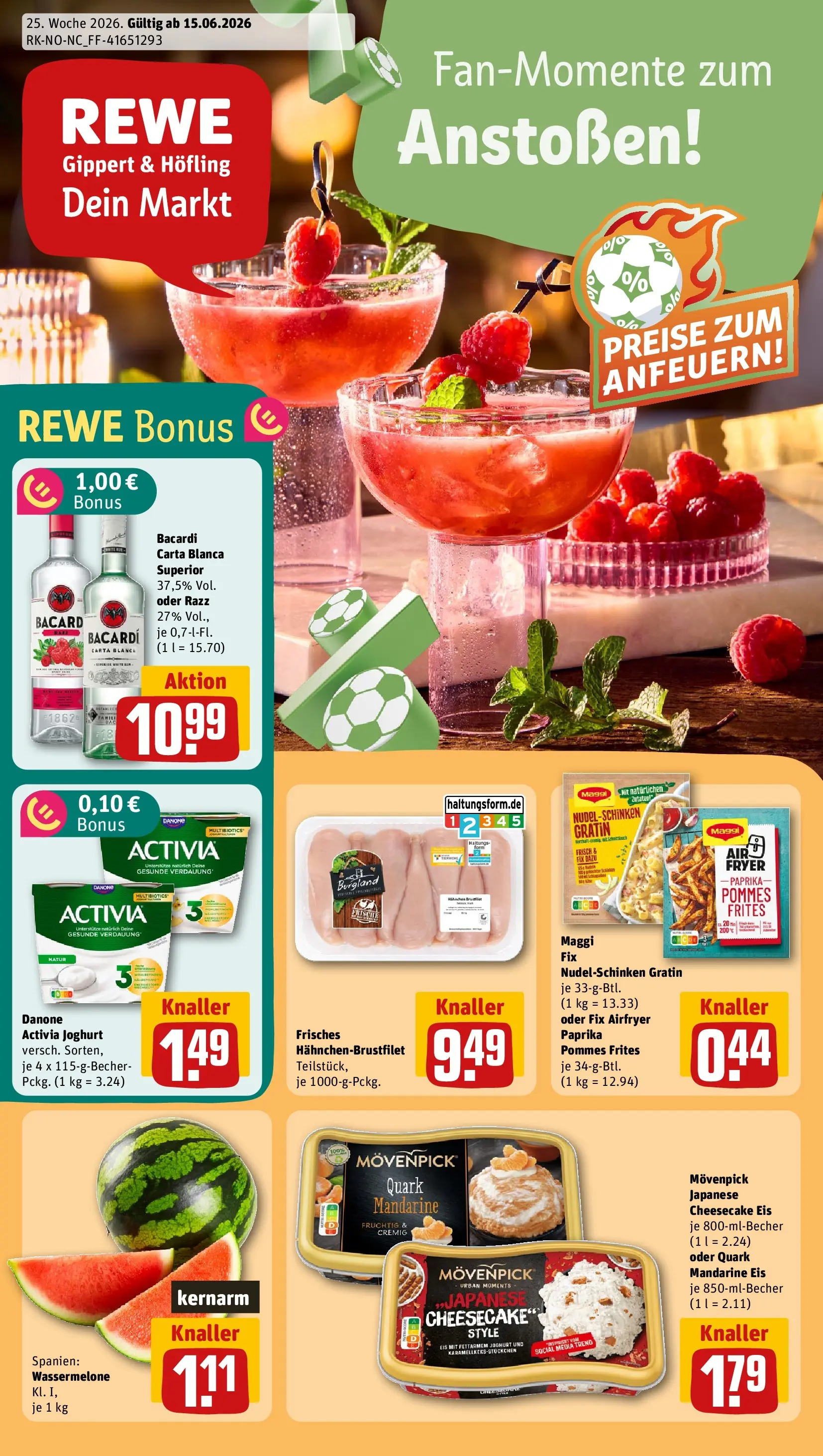 REWE Prospekt ab 14.06.2026 zum Blättern » Angebote | Seite: 1 | Produkte: Pommes, Maggi fix, Wassermelone, Eis