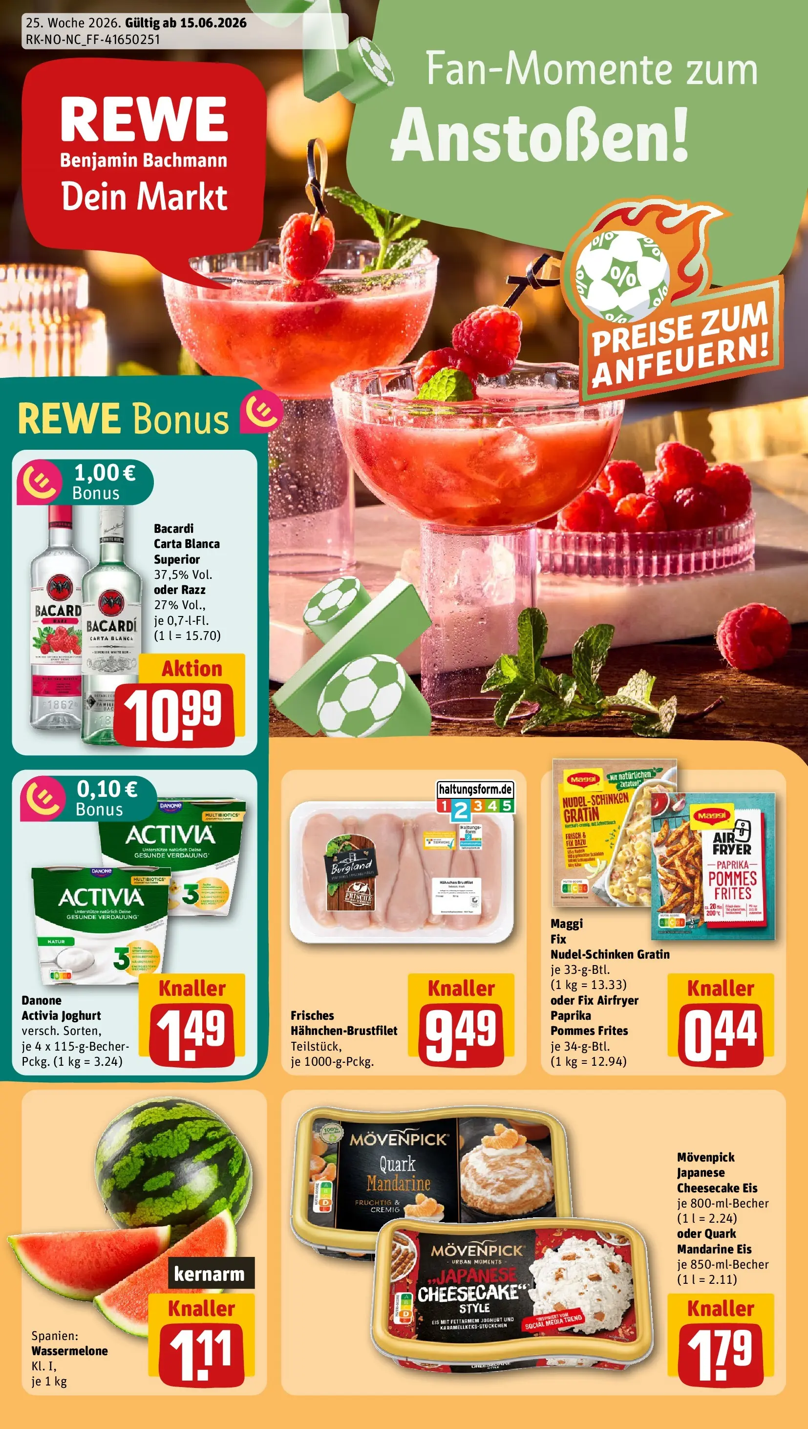 REWE Prospekt ab 14.06.2026 zum Blättern » Angebote | Seite: 1 | Produkte: Rum, Maggi fix, Wassermelone, Eis