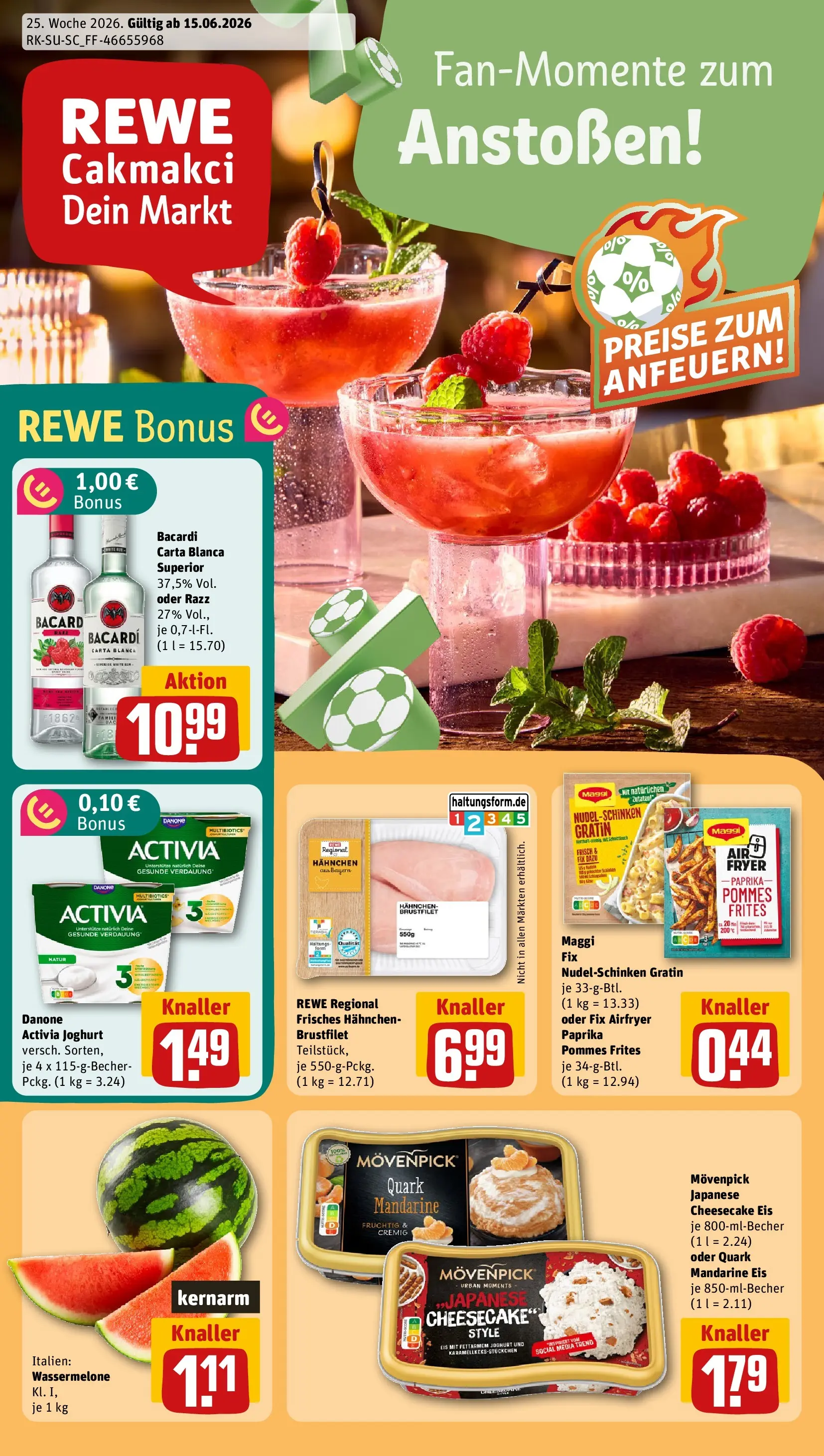 REWE Prospekt ab 14.06.2026 zum Blättern » Angebote | Seite: 1 | Produkte: Joghurt, Pommes frites, Maggi fix, Eis