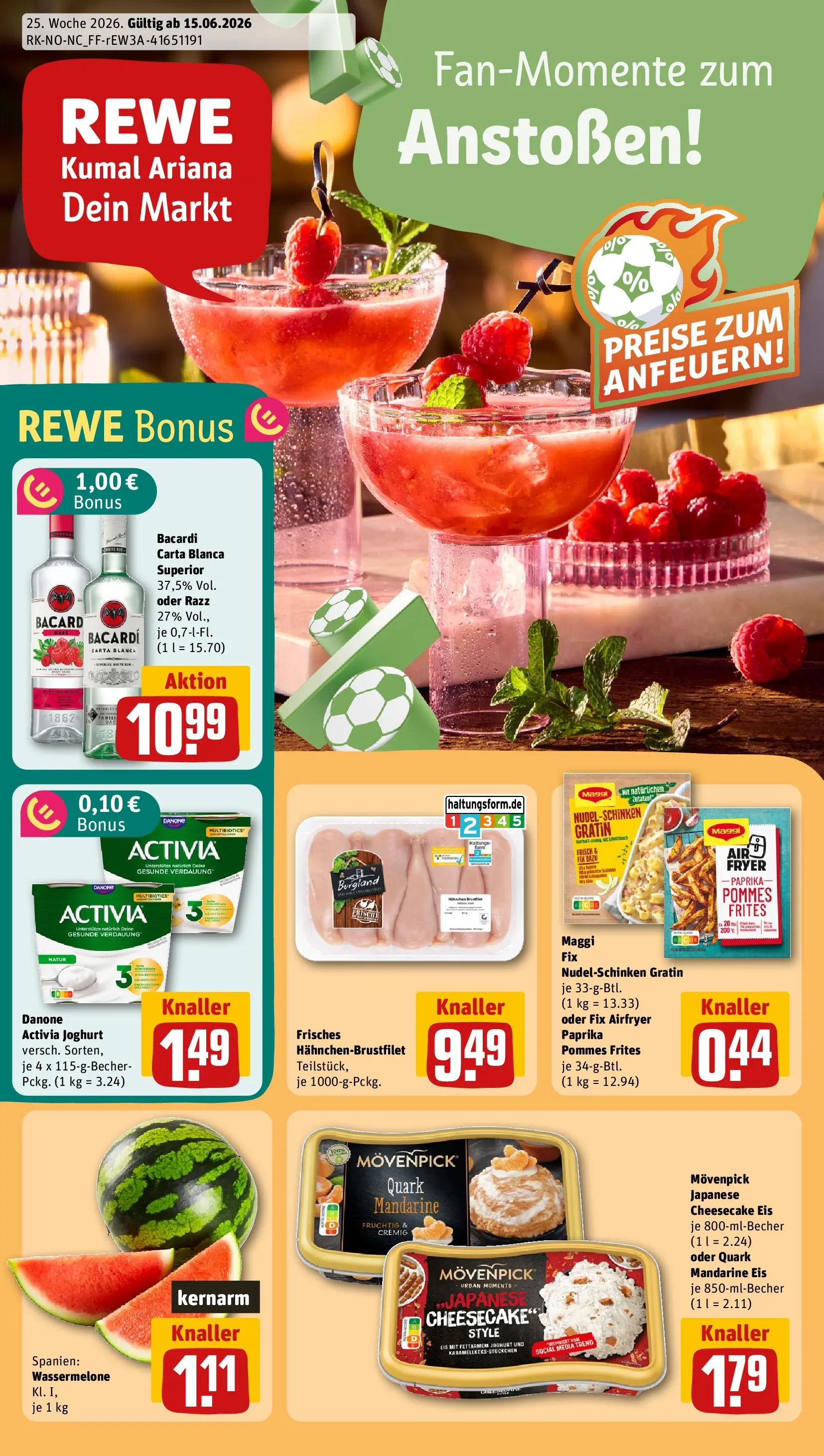 REWE Prospekt ab 14.06.2026 zum Blättern » Angebote | Seite: 1 | Produkte: Bacardi, Activia, Maggi, Rum