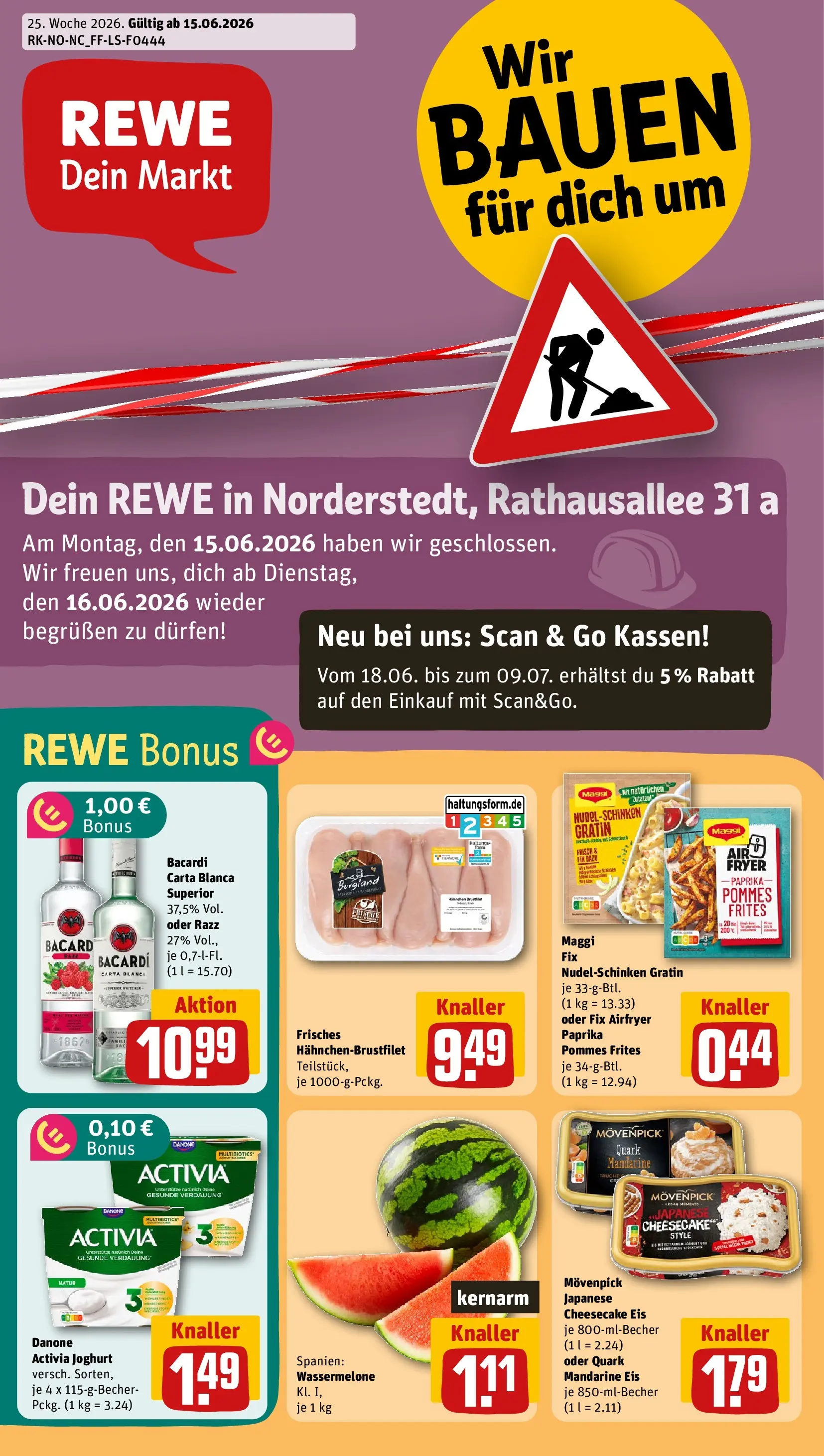 REWE Prospekt ab 14.06.2026 zum Blättern » Angebote | Seite: 1 | Produkte: Bacardi, Danone activia, Quark, Joghurt