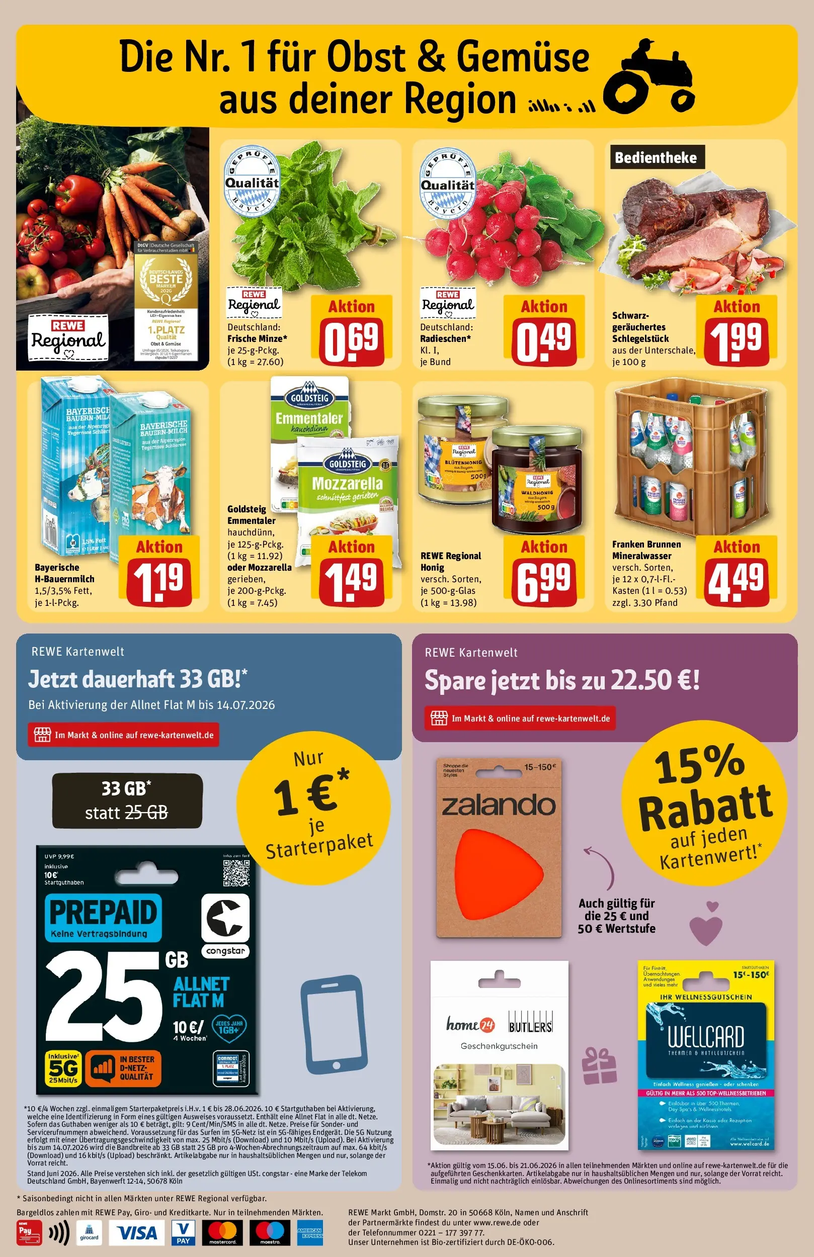 REWE Prospekt ab 14.06.2026 zum Blättern » Angebote | Seite: 26 | Produkte: Mozzarella, Mineralwasser, Gemüse, Obst