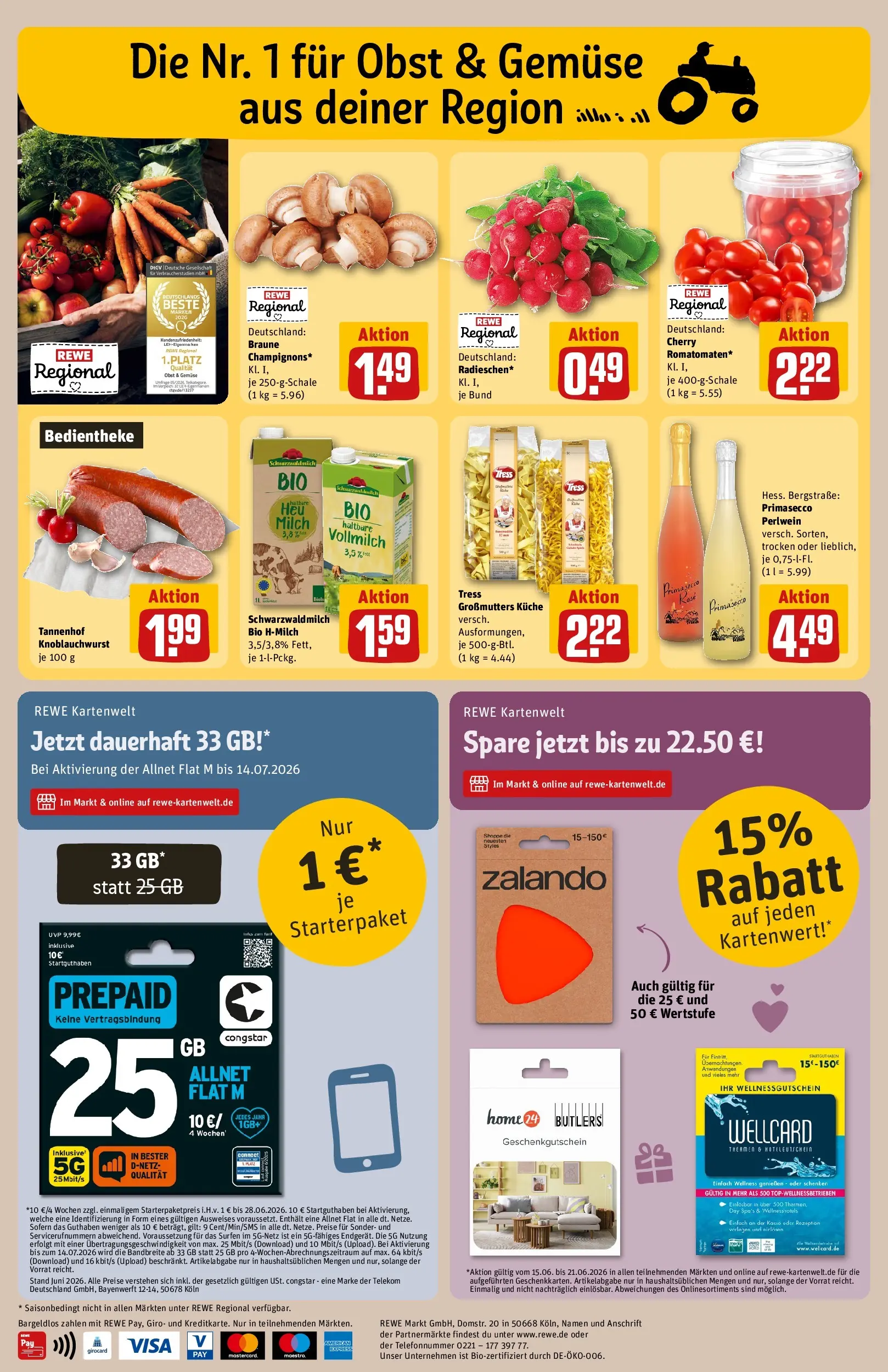 REWE Prospekt ab 14.06.2026 zum Blättern » Angebote | Seite: 26 | Produkte: Milch, Küche, Gemüse, Pasta