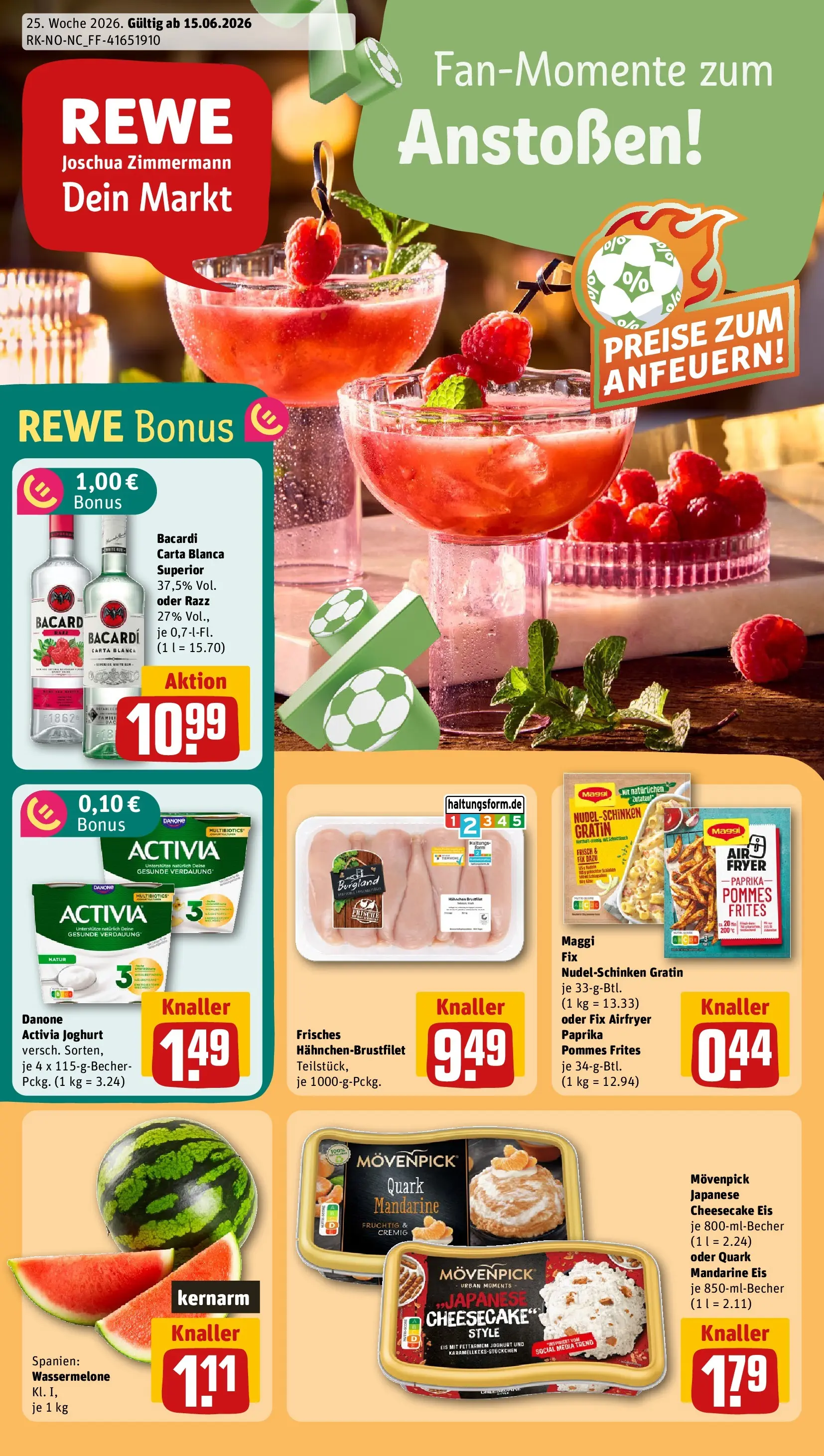 REWE Prospekt ab 14.06.2026 zum Blättern » Angebote | Seite: 1 | Produkte: Activia, Rum, Maggi fix, Eis