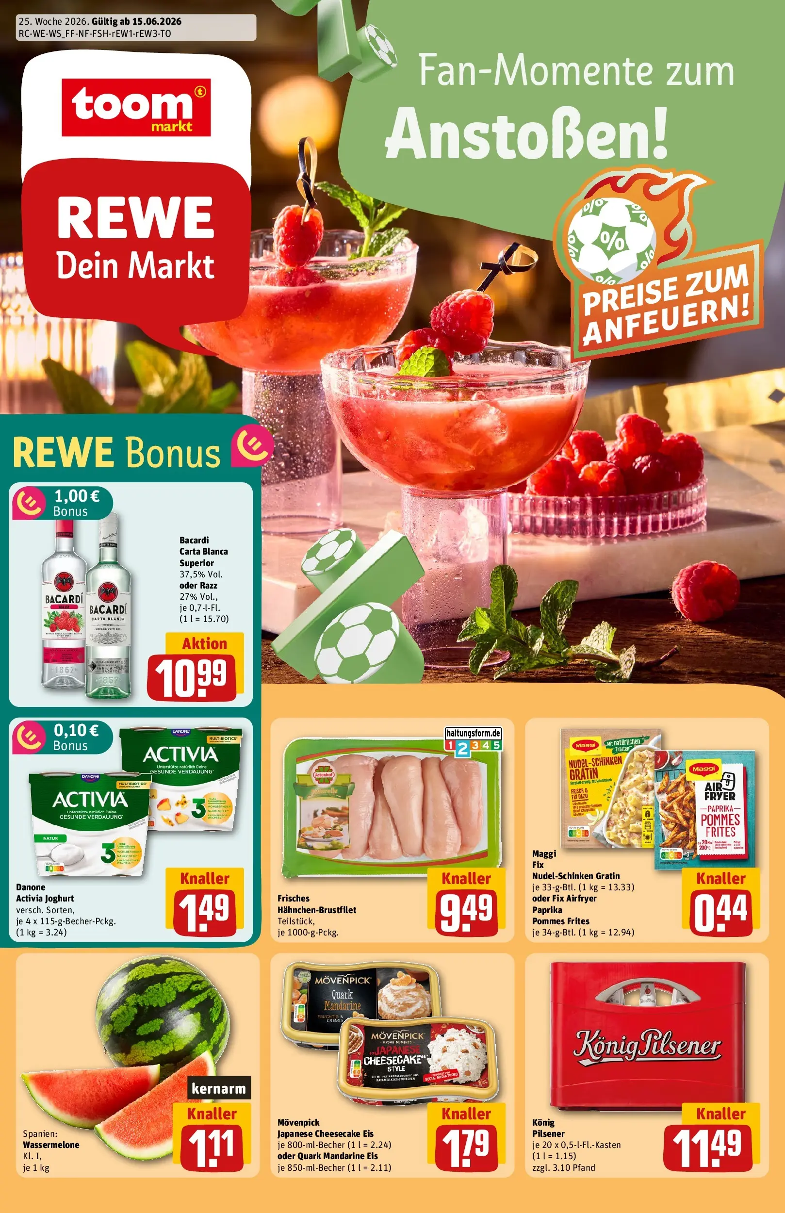 REWE Prospekt ab 14.06.2026 zum Blättern » Angebote | Seite: 1 | Produkte: Activia, Pommes, Pommes frites, Wassermelone