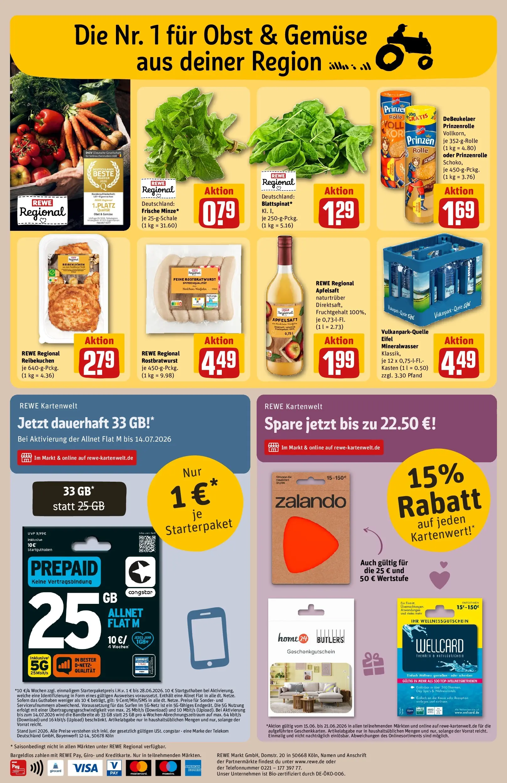 REWE Prospekt ab 14.06.2026 zum Blättern » Angebote | Seite: 30 | Produkte: Apfelsaft, Mineralwasser, Apple, Obst