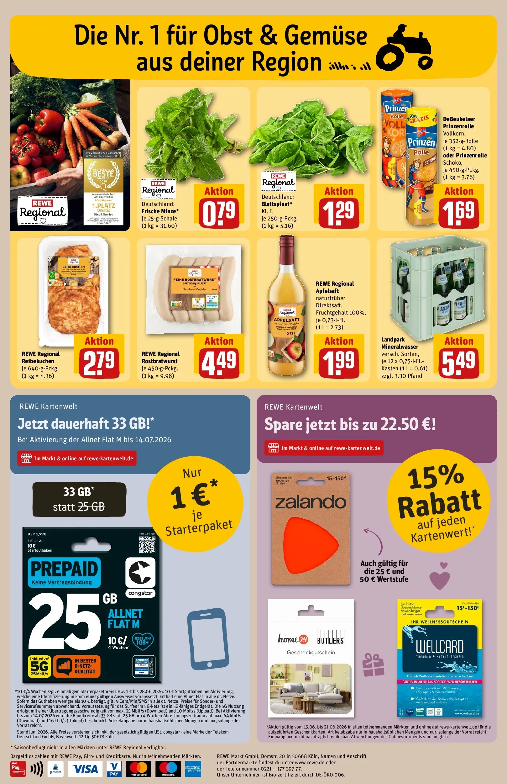REWE Prospekt ab 14.06.2026 zum Blättern » Angebote | Seite: 30 | Produkte: Mineralwasser, Apple, Gemüse, Obst