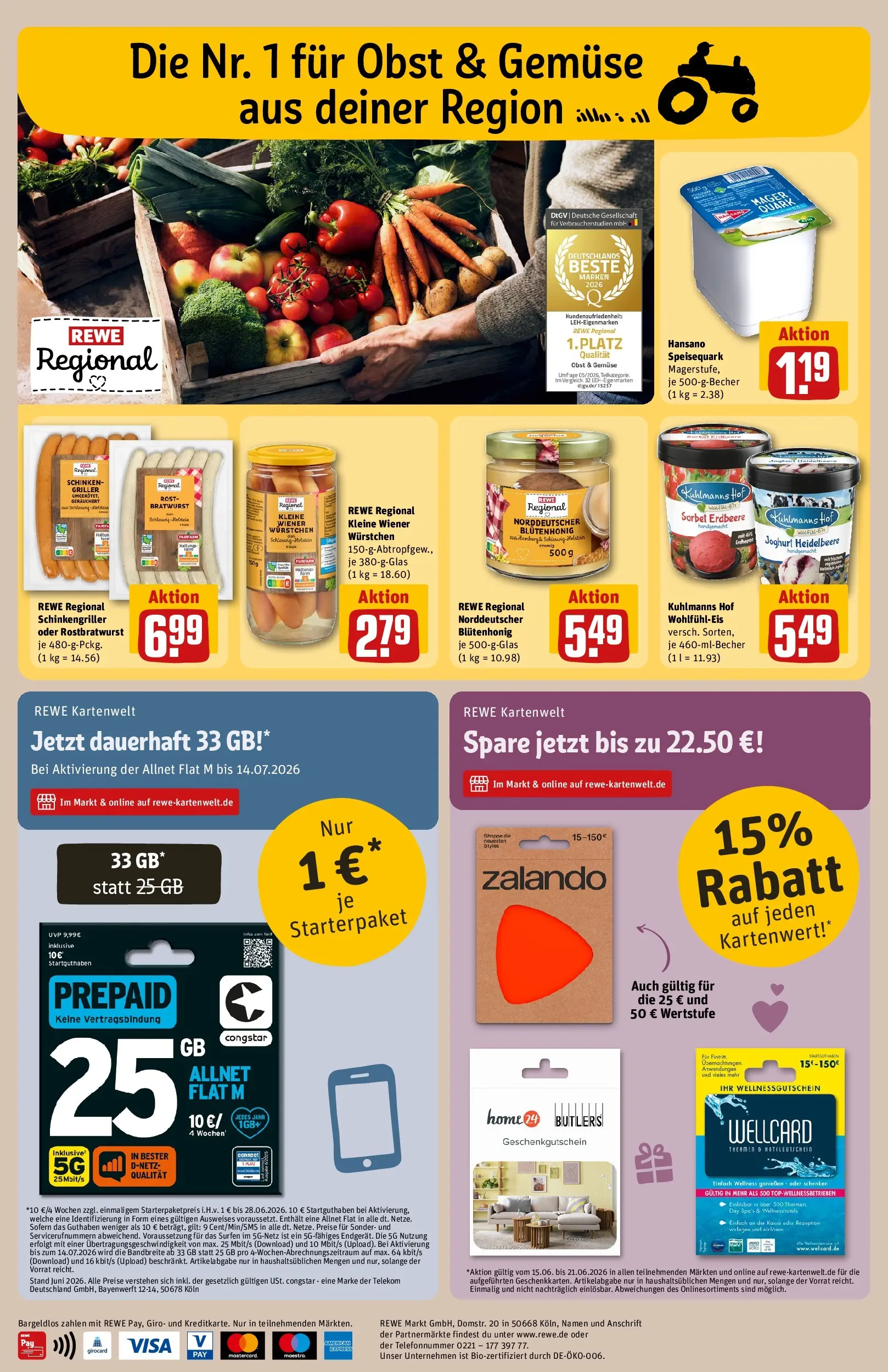 REWE Prospekt ab 14.06.2026 zum Blättern » Angebote | Seite: 32 | Produkte: Wiener wurstchen, Joghurt, Gemüse, Griller